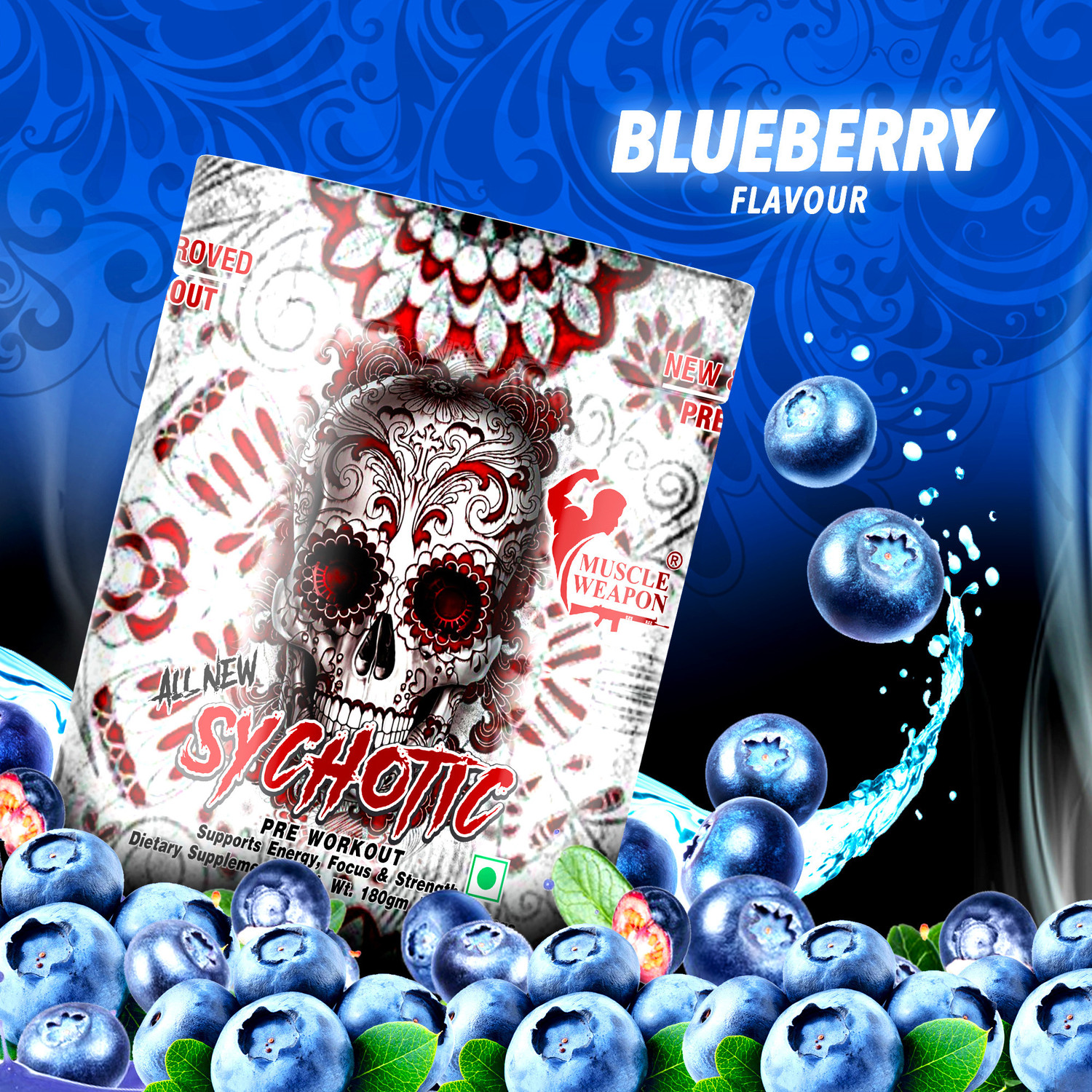 Image of Muscle Weapon Sychotic Preworkout 30 servings| Energy | Focus | Pump Pre Workout (180 g, Blueberry)