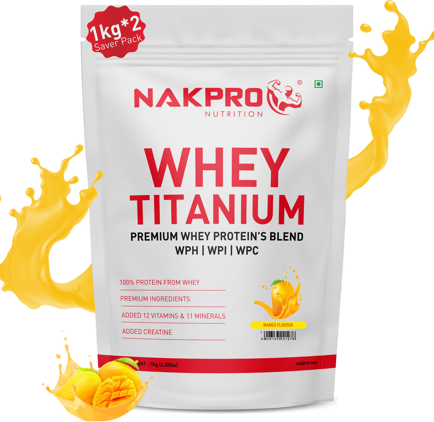 Image of Nakpro TITANIUM Tri Blend Whey Protein Hydro, Isolate & Concentrate - 2kg (1kg*2) Mango Whey Protein