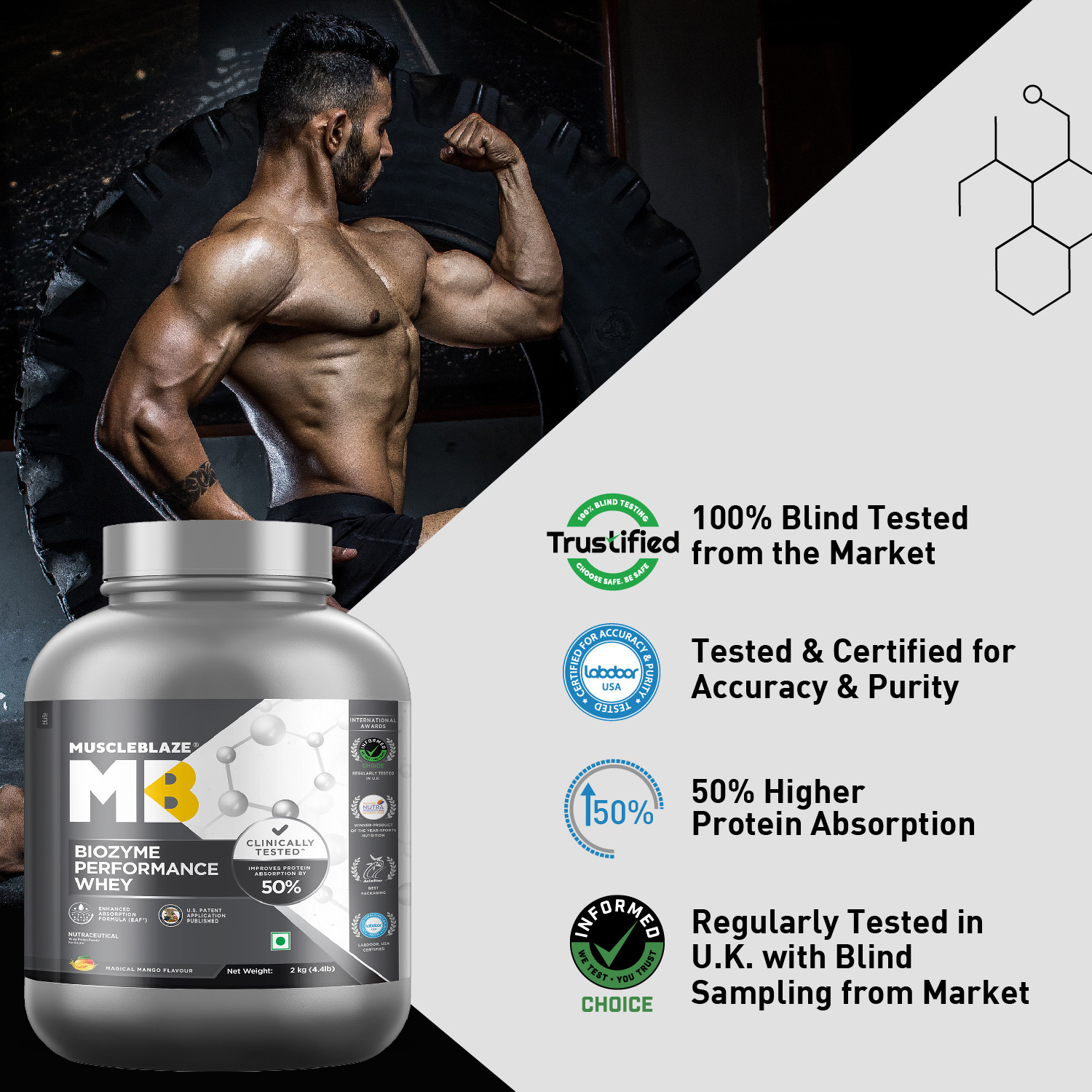 Image of MUSCLEBLAZE Biozyme Performance Whey Protein Powder, 25g Protein Per Scoop Whey Protein