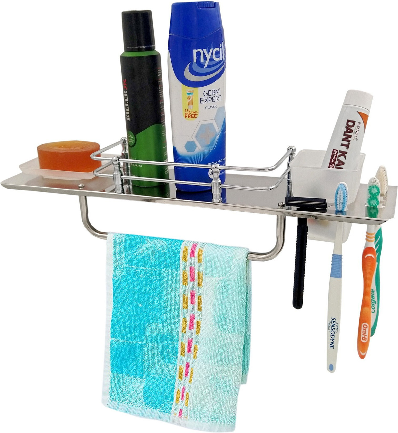 Image of Smartslide 3 in 1 Multipurpose Bathroom Shelf /Towel Bar /Towel Hanger /Tumbler Holder Iron Wall Shelf (Number of Shelves - 1, Brown)