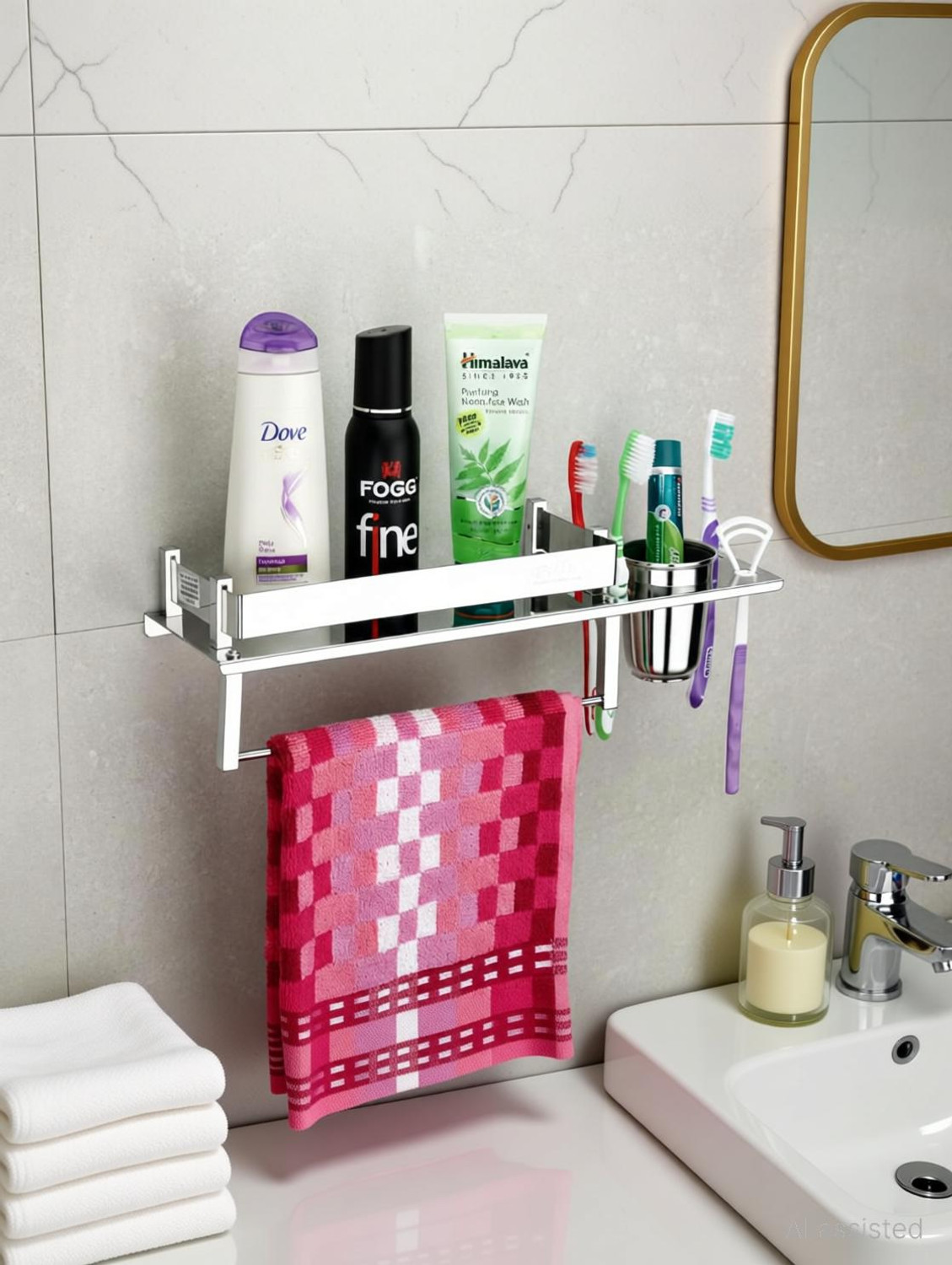 Image of Smartslide 3 in 1 Multipurpose Bathroom Shelf /Towel Bar /Towel Hanger /Tumbler Holder Iron Wall Shelf (Number of Shelves - 1, Brown)