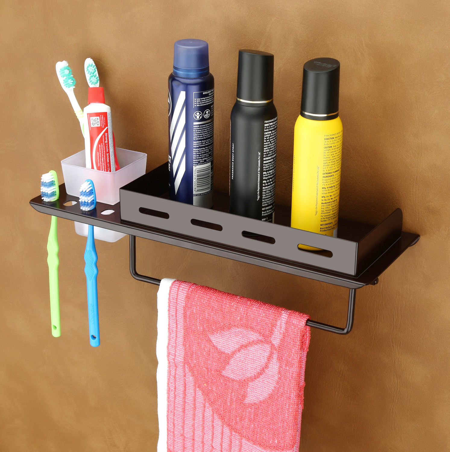 Image of Smartslide 3 in 1 Multipurpose Bathroom Shelf /Towel Bar /Towel Hanger /Tumbler Holder Iron Wall Shelf (Number of Shelves - 1, Brown)