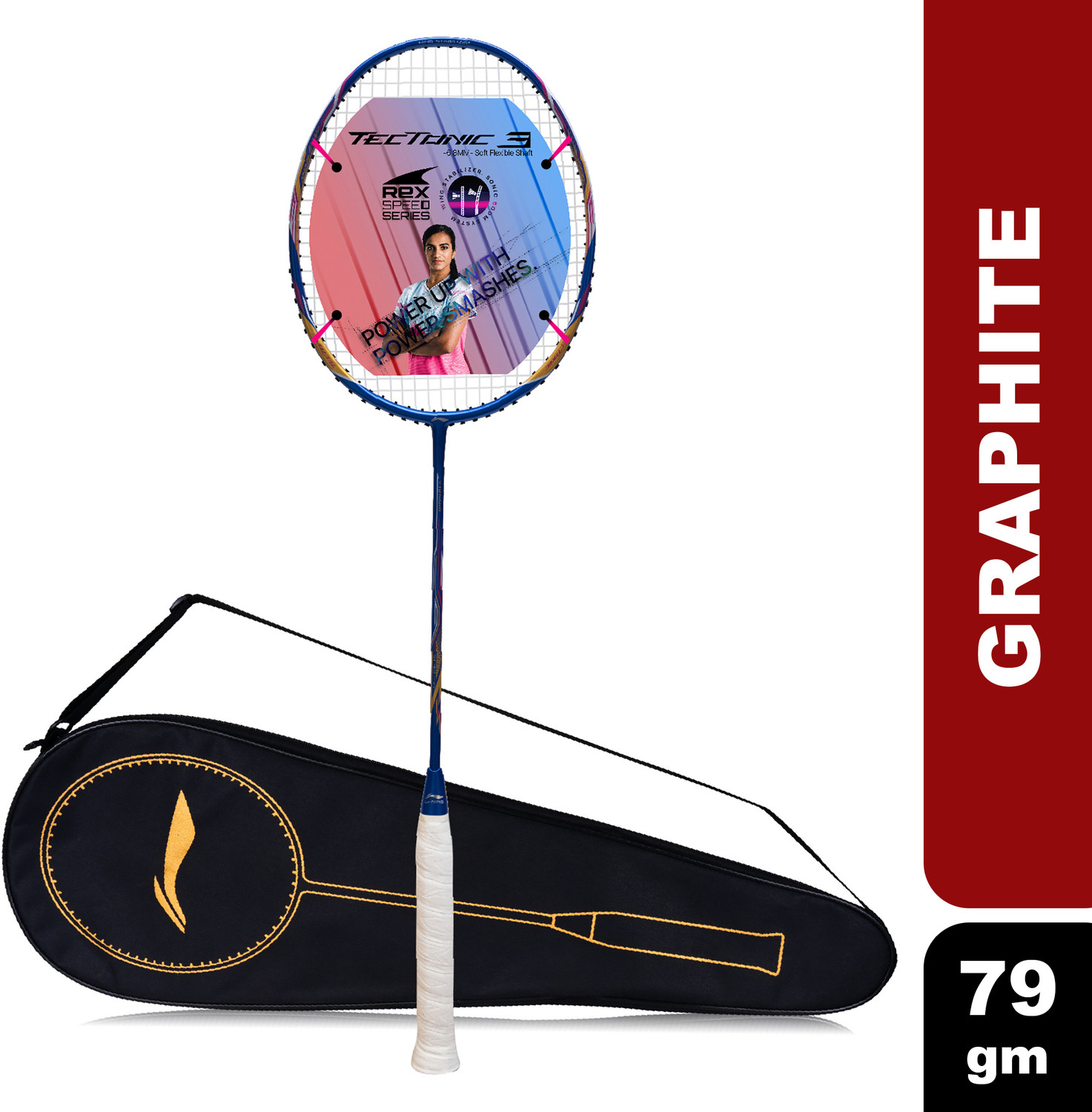 LI-NING Tectonic 3R Blue, Gold, Pink Strung Badminton Racquet