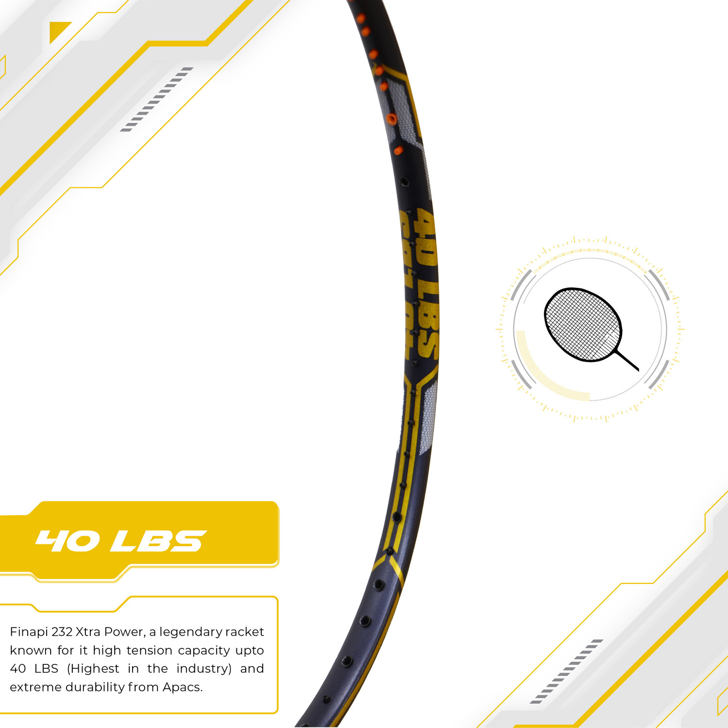 Image of apacs Finapi 232 Xtra Power (40 LBS, 40T Extra Strong Graphite) Blue, Gold Unstrung Badminton Racquet