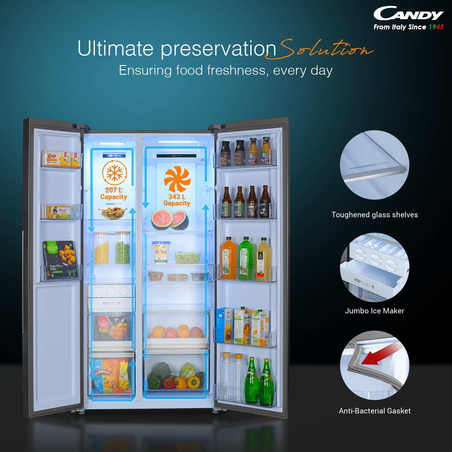 Image of CANDY 602 L Frost Free Side by Side Refrigerator with 100 % Convertible refrigerator with Deo Fresh Technology , Innovative Inverter Compressor Technology