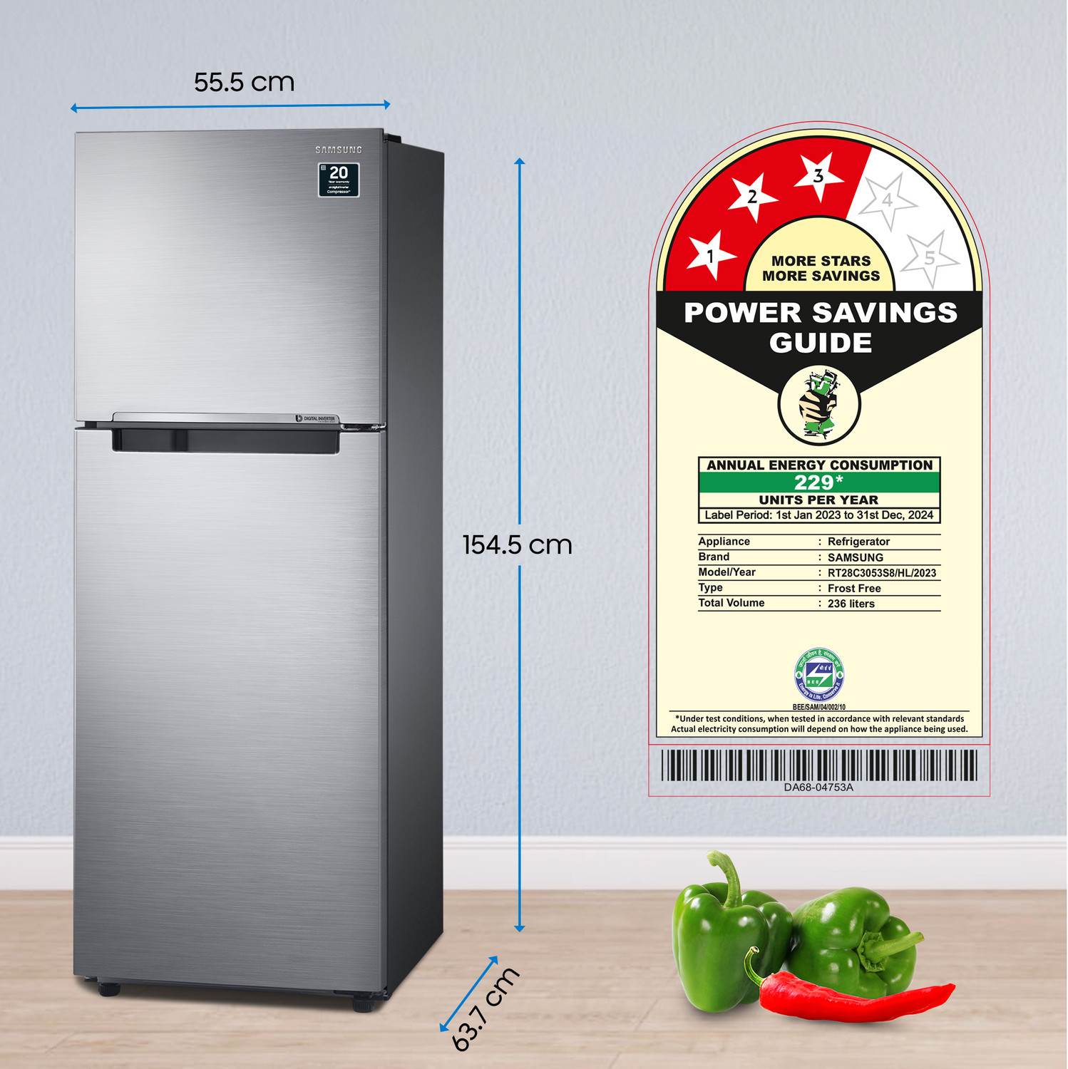 Image of Samsung 236 L Frost Free Double Door 3 Star Refrigerator with Digital Inverter