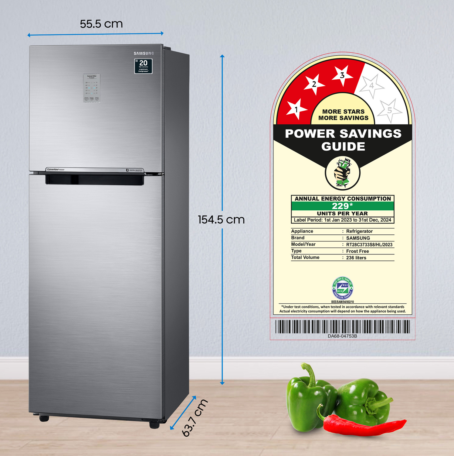 Image of Samsung 236 L Frost Free Double Door 3 Star Convertible Refrigerator with Digital Inverter and Display