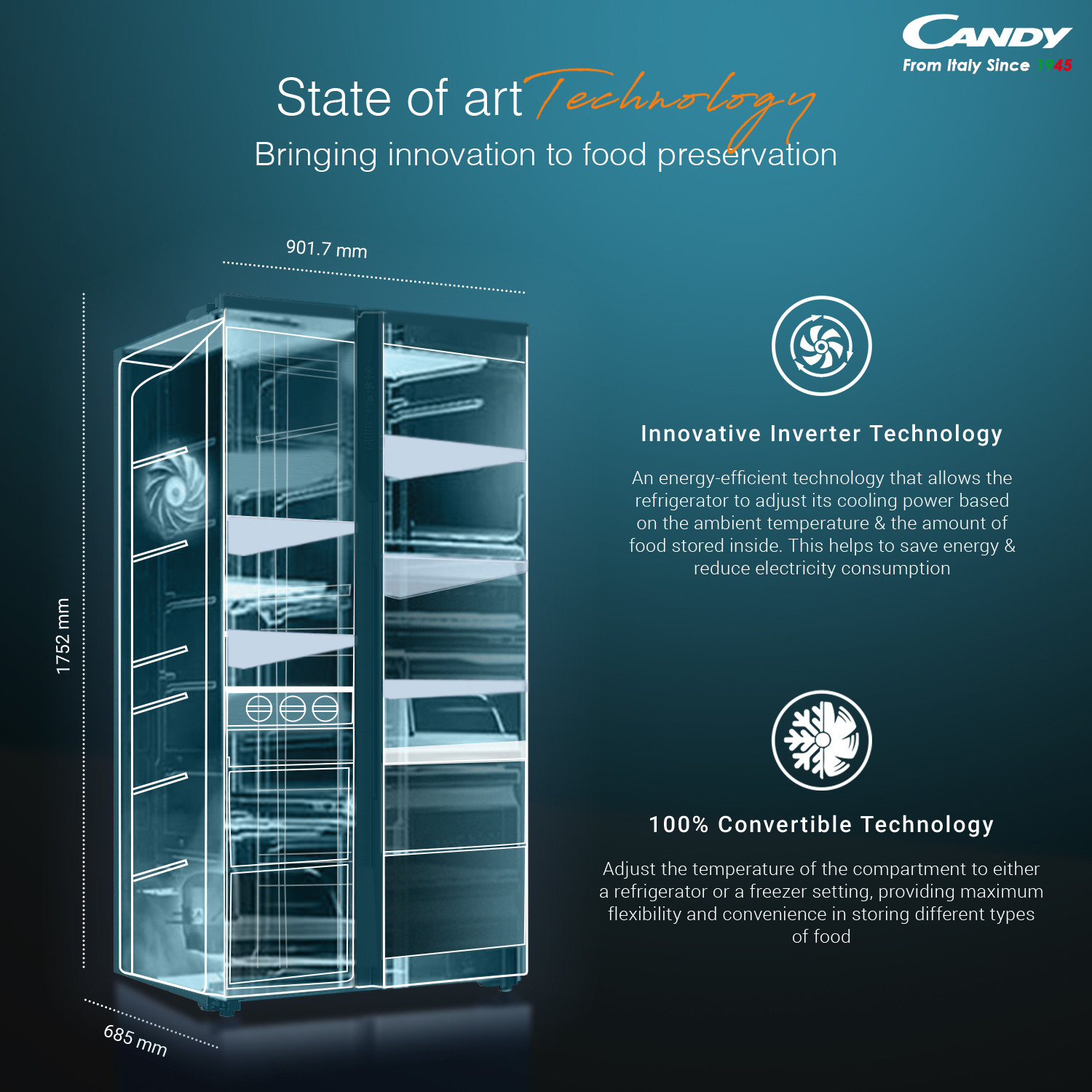 Image of CANDY 602 L Frost Free Side by Side Refrigerator with 100 % Convertible refrigerator with Deo Fresh Technology , Innovative Inverter Compressor Technology