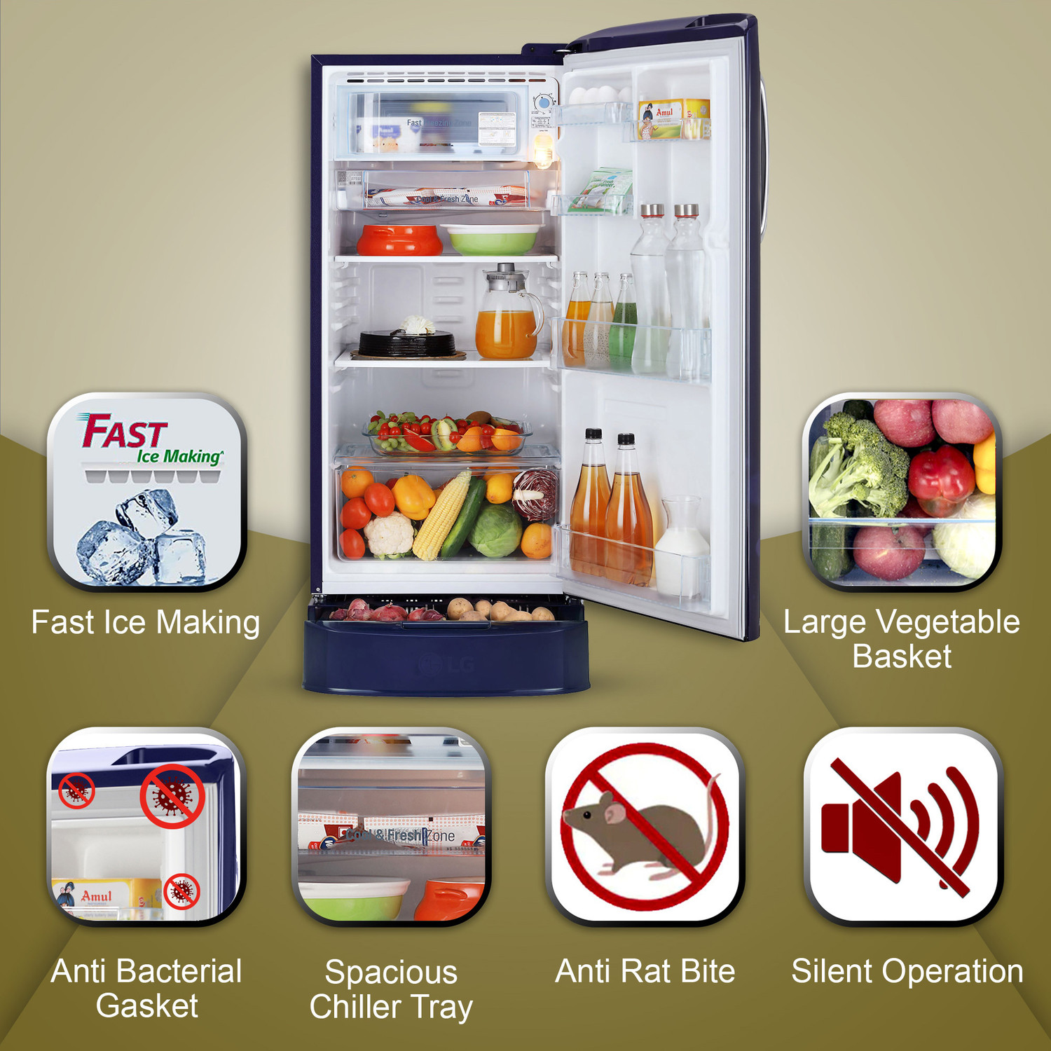 Image of LG 185 L Direct Cool Single Door 5 Star Refrigerator with Base Drawer with Smart Inverter Compressor, Smart Connect, Fast Ice Making