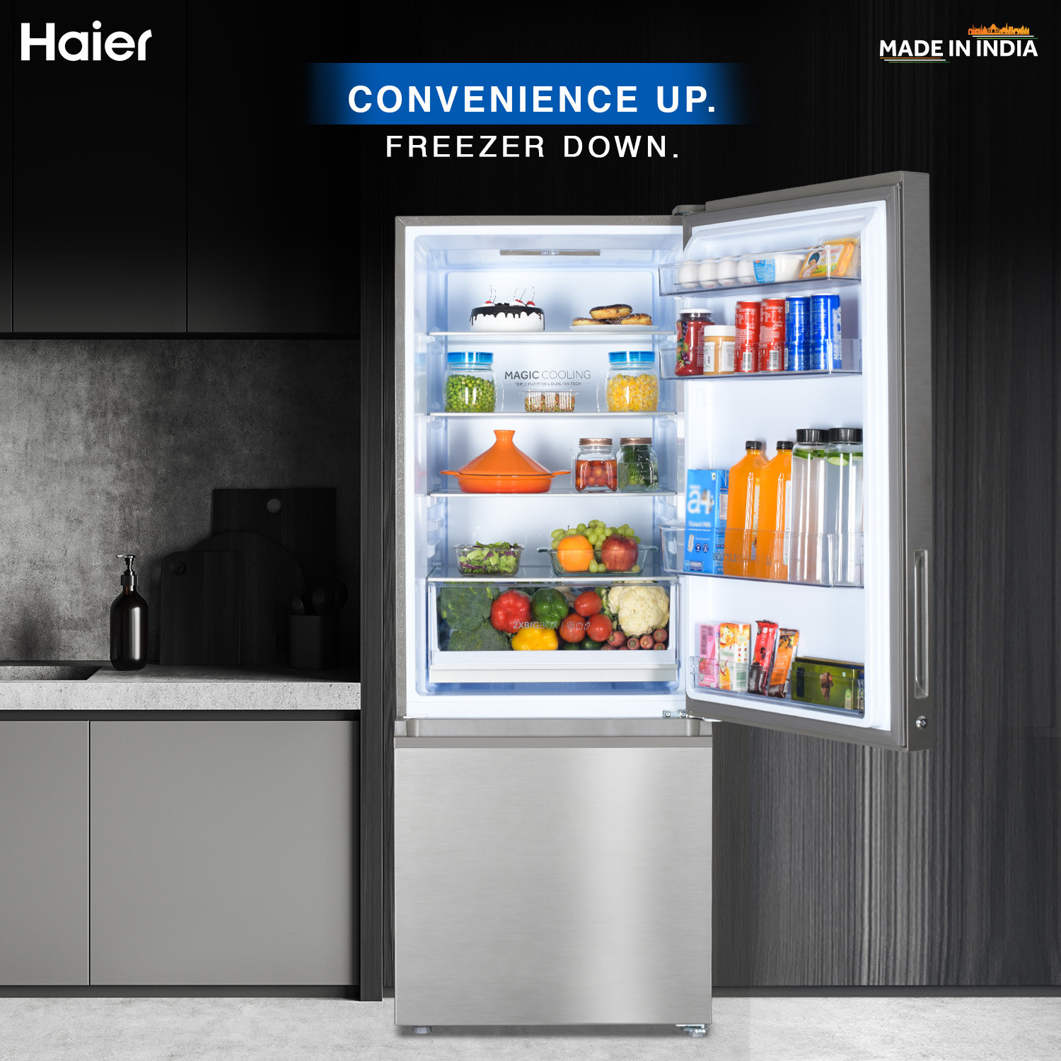 Image of Haier 325 L Frost Free Double Door 3 Star Convertible Refrigerator with 3-Star 14 In 1 Convertible Modes, 1 Hour Icing Technology, Digital Control Panel