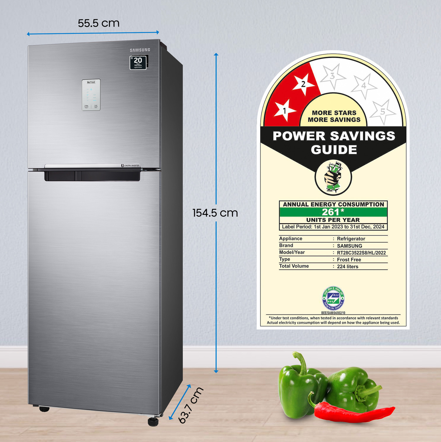 SAMSUNG 224 L Frost Free Double Door 2 Star Refrigerator with Curd