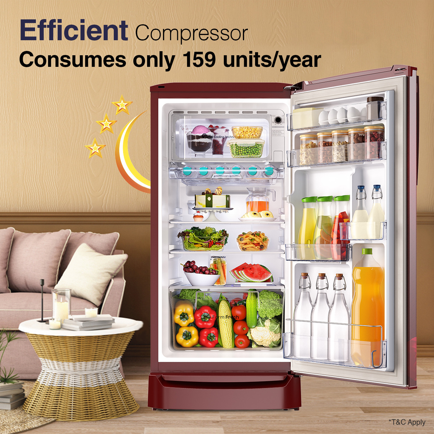 Image of Godrej 183 L Direct Cool Single Door 3 Star Refrigerator with Jumbo Vegetable Tray and Toughened Glass Shelves (Maroon, RD R190C THF BR WN)