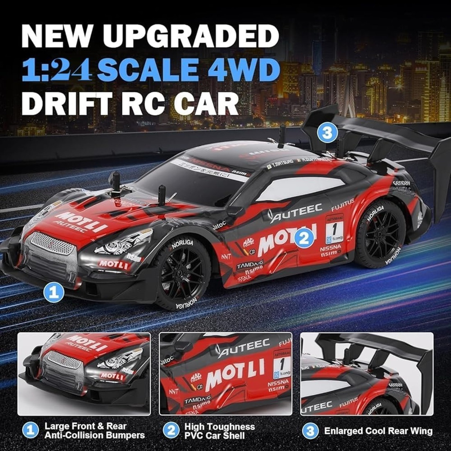 Image of PAPASpace 1:24 RC Drift Car 4WD 25KMH High Speed Remote Control Racing Car with Drift Tire (Multicolor)