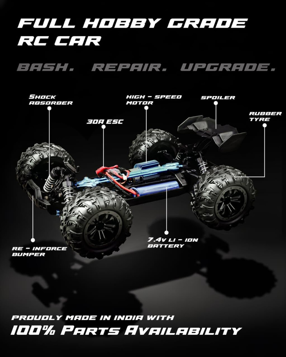 Image of vihaan Racing RC Car 45 KM /H High Speed 1:16 4WD Supersonic Off-Road Monster Truck (Black)