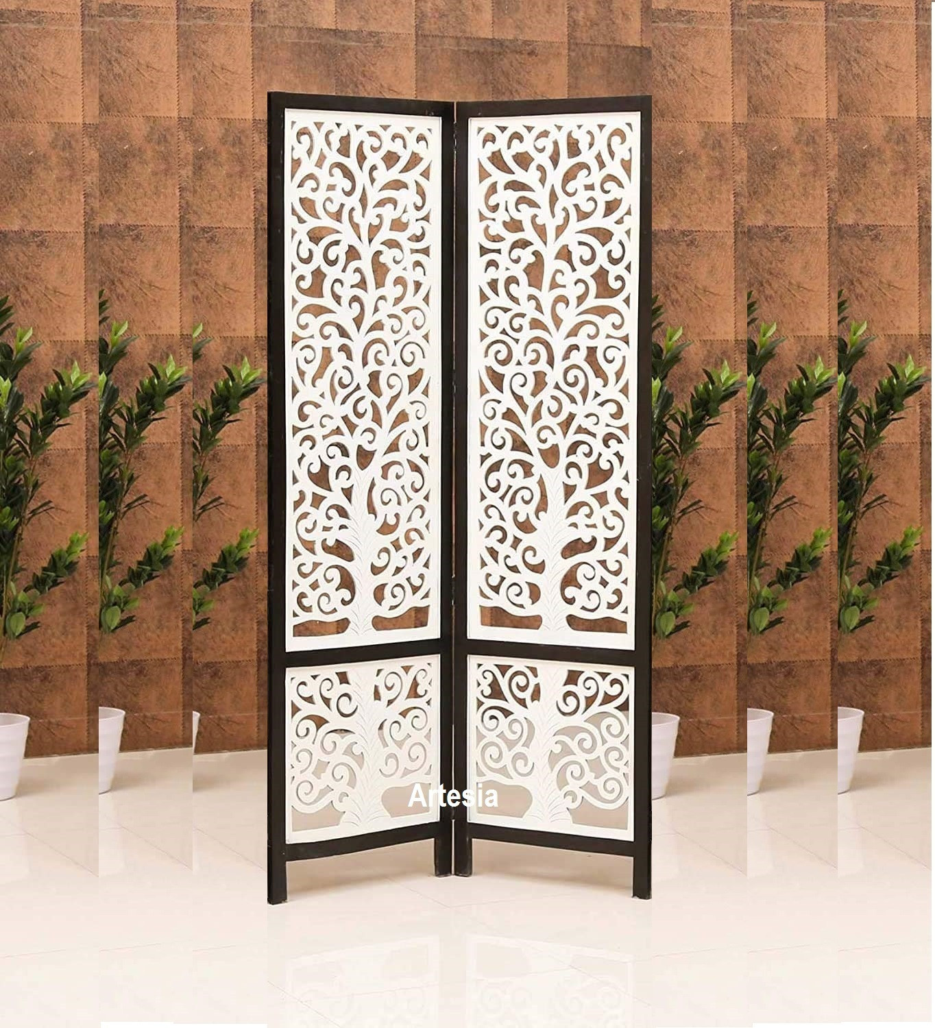 Image of Decorhand Handcrafted 4 Panel Wooden MDF Room Partition & Room Divider (Dark Brown) Solid Wood Decorative Screen Partition (Floor Standing, Finish Color - Brown, 4, Pre-assembled)
