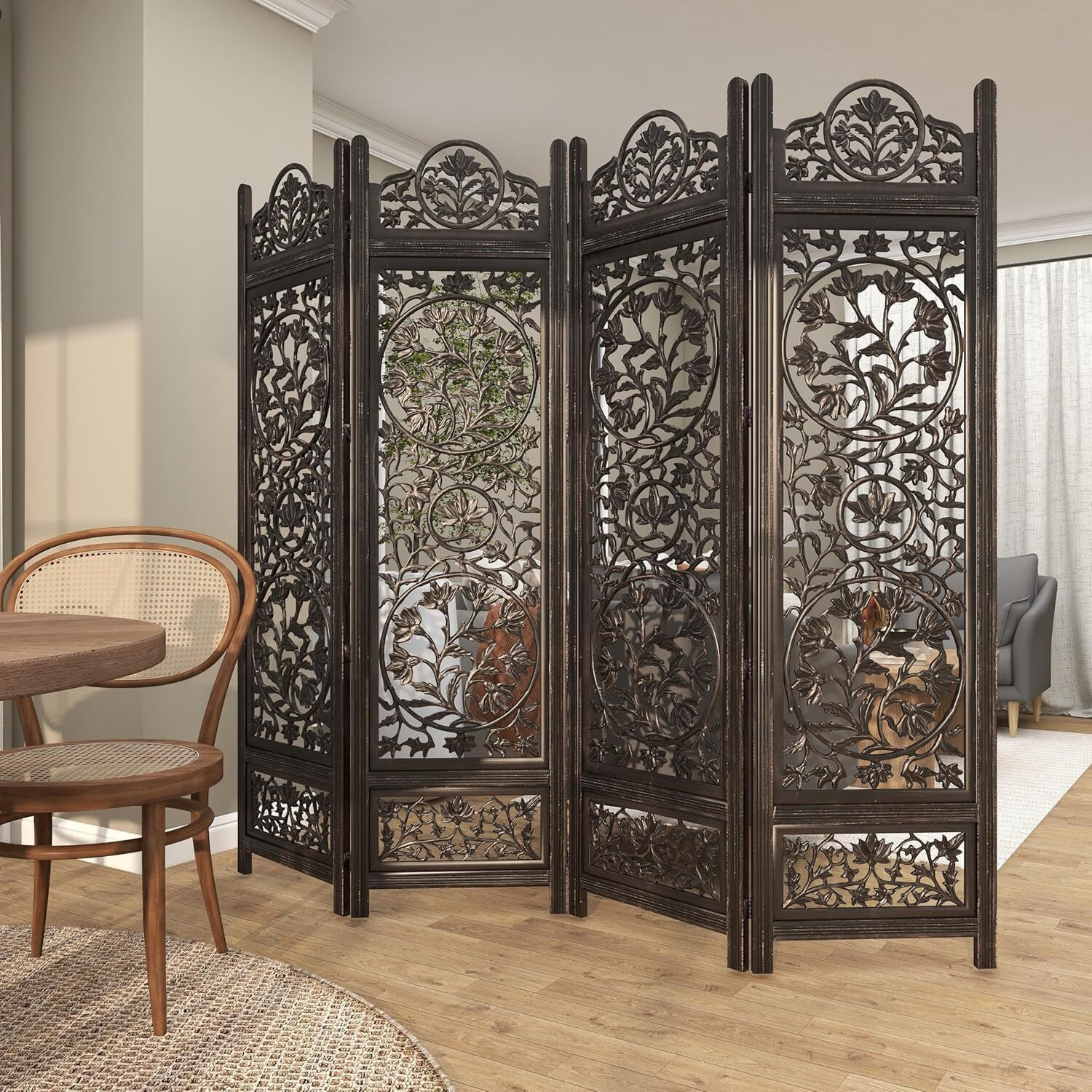Image of Decorhand Handcrafted 4 Panel Wooden MDF Room Partition & Room Divider (Dark Brown) Solid Wood Decorative Screen Partition (Floor Standing, Finish Color - Brown, 4, Pre-assembled)