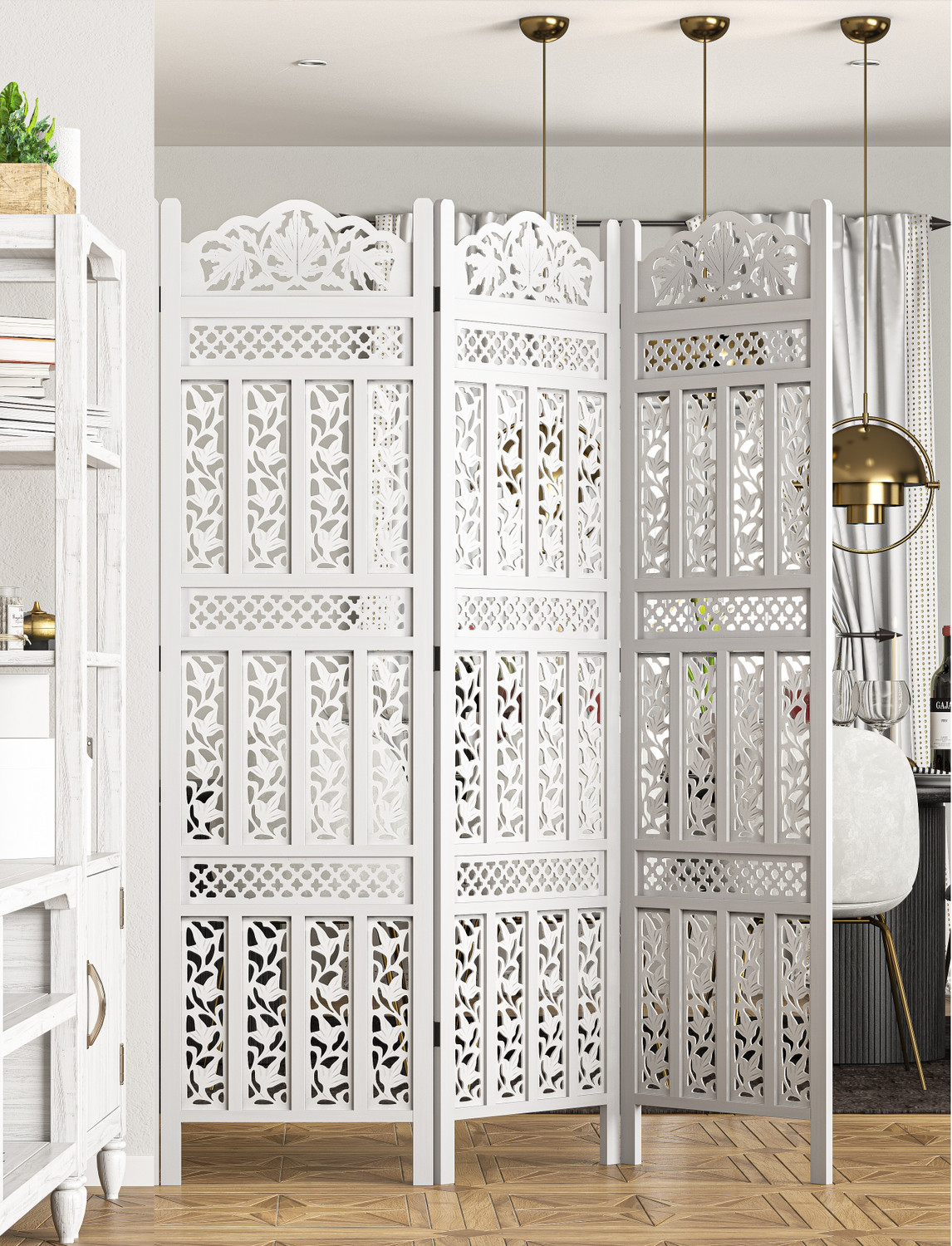 Image of Decorhand Handcrafted 4 Panel Wooden MDF Room Partition & Room Divider (Dark Brown) Solid Wood Decorative Screen Partition (Floor Standing, Finish Color - Brown, 4, Pre-assembled)