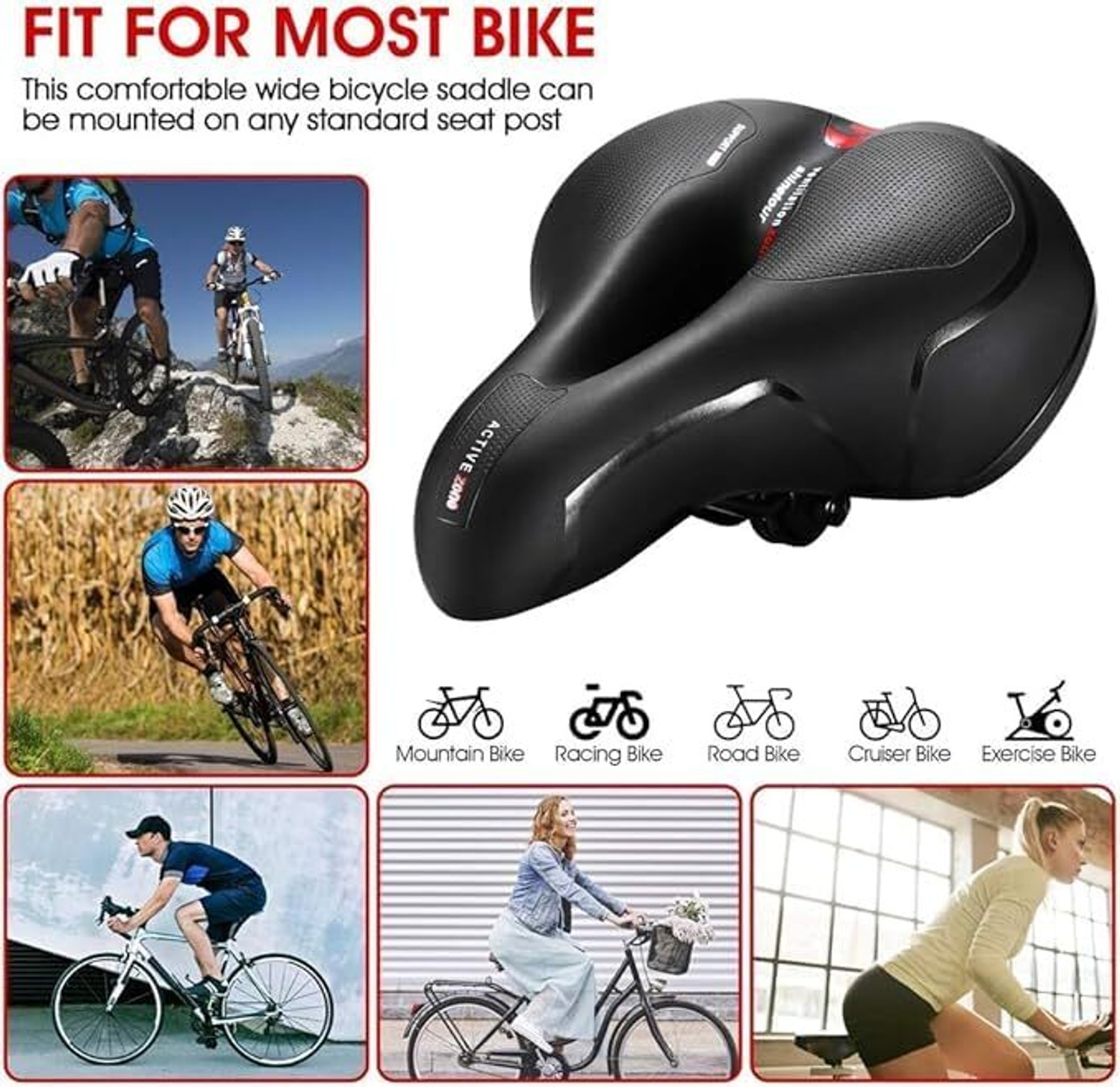 Image of Najif Memory Foam Comfort Bicycle Seat, Red Reflective Strip, Waterproof and Durable Saddle (Multicolor)