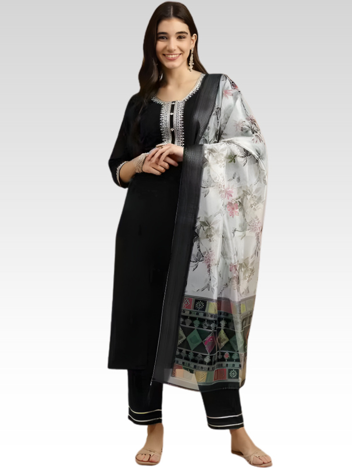 Image of CHECHI Embroidered Kurta, Palazzo & Dupatta Set