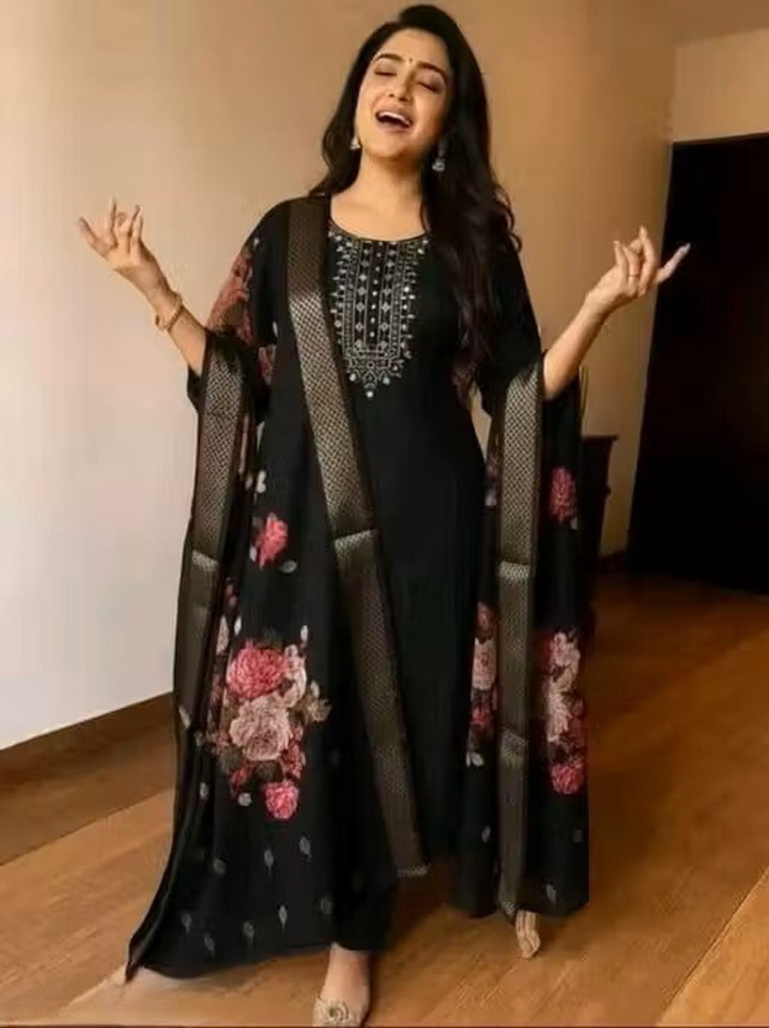 Image of AMBEYMAA PRINTS Embroidered Kurta, Churidar & Dupatta Set