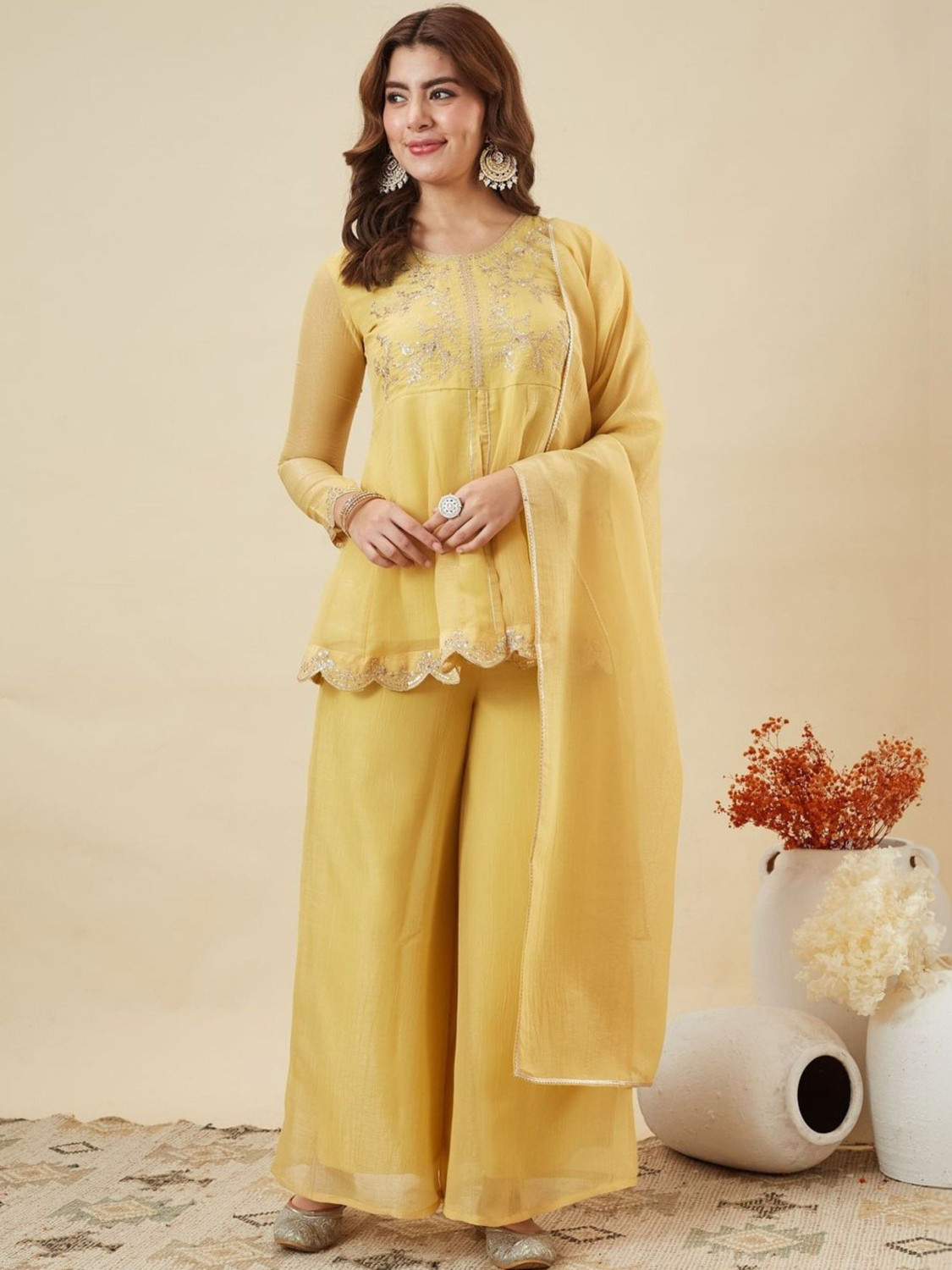 Tasrika Embroidered Kurta, Palazzo & Dupatta Set