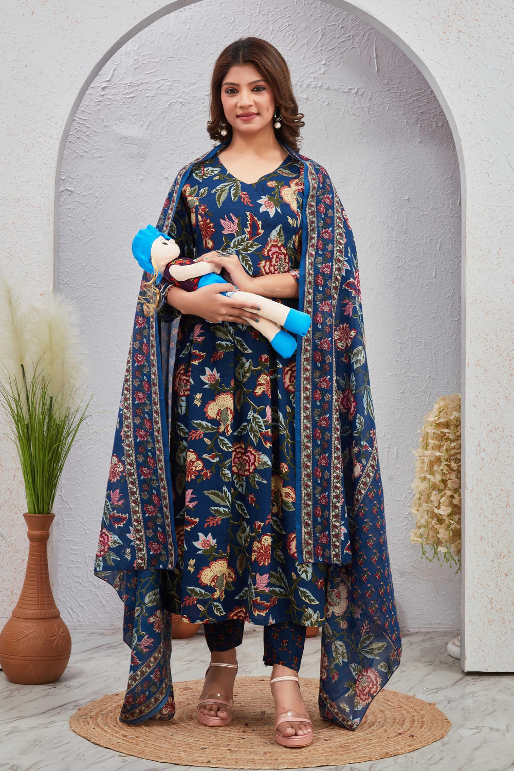 Image of sky fab Printed Anarkali Kurta, Bottom & Dupatta Set