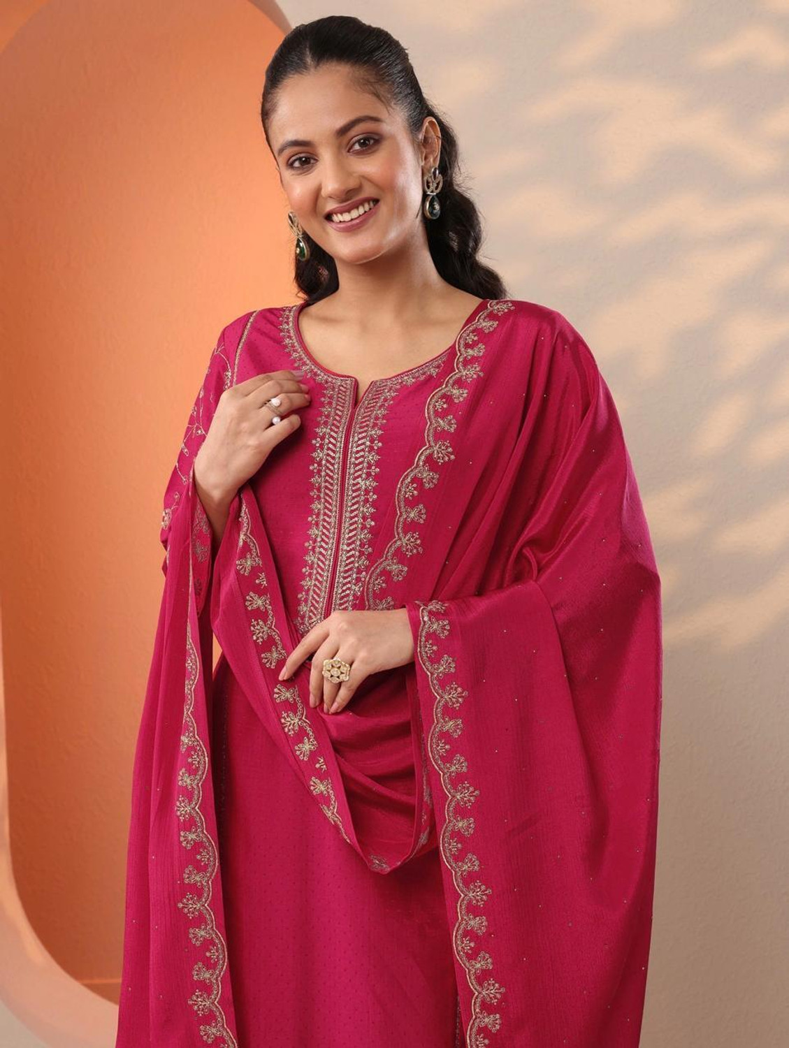 Image of SHREE JEENMATA COLLECTION SURYAJYOTI Solid Kurta, Salwar & Dupatta Set