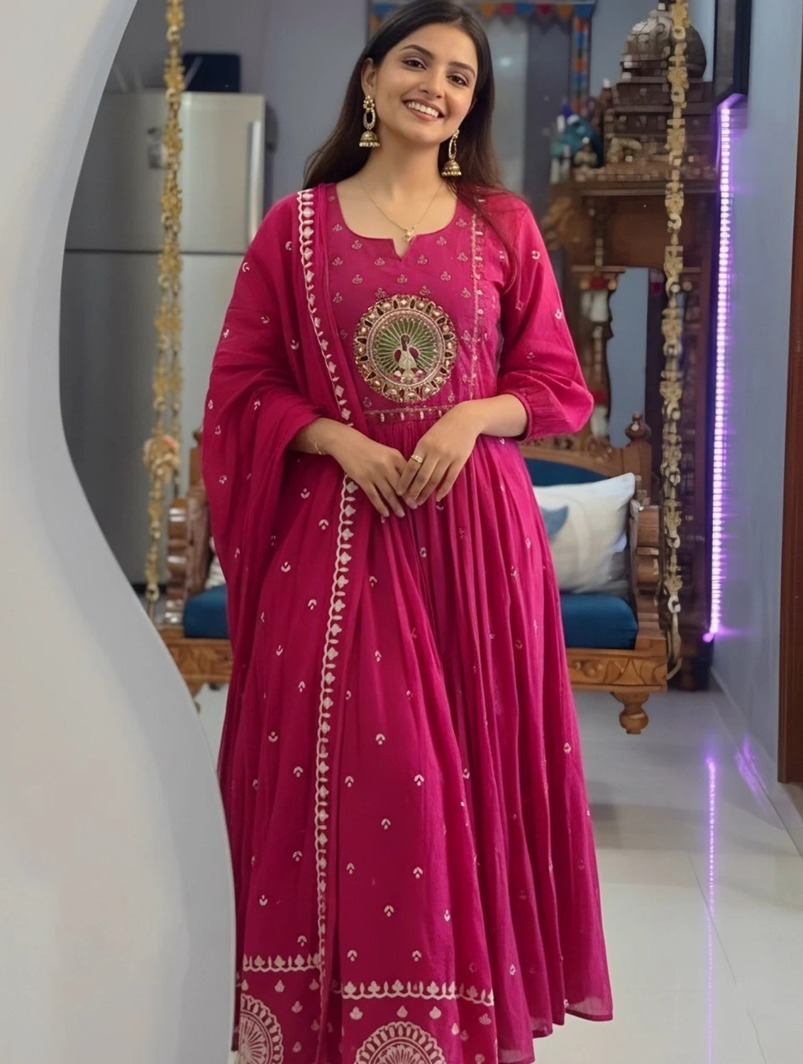 Image of AMBEYMAA PRINTS Embroidered Kurta, Churidar & Dupatta Set