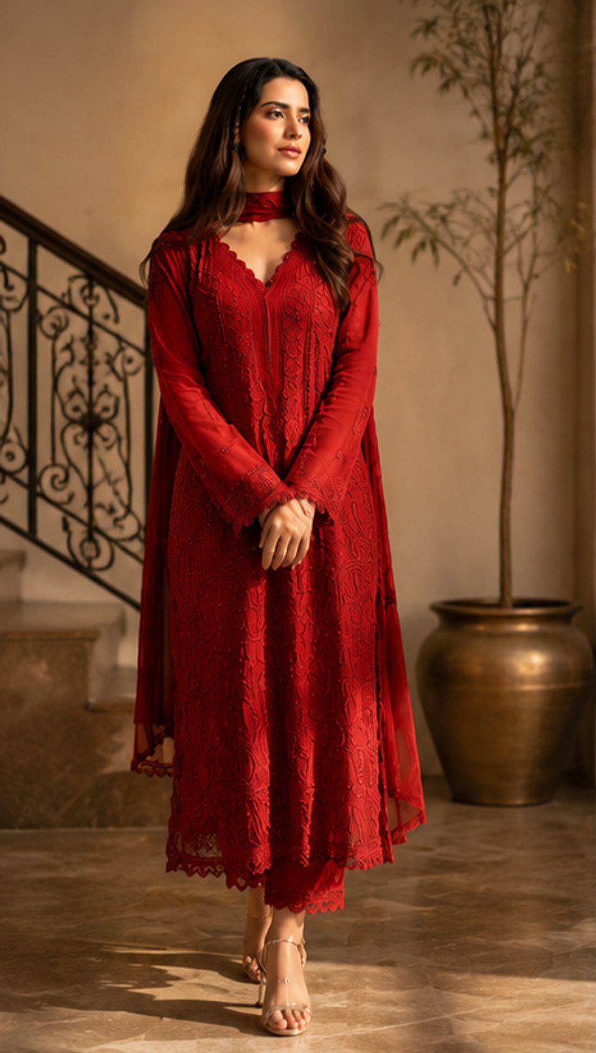 Image of CHECHI Embroidered Kurta, Palazzo & Dupatta Set