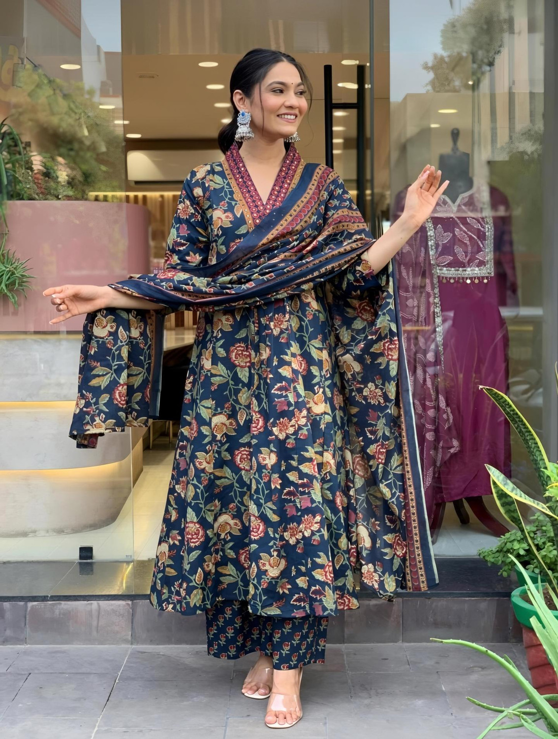 Image of sky fab Printed Anarkali Kurta, Bottom & Dupatta Set