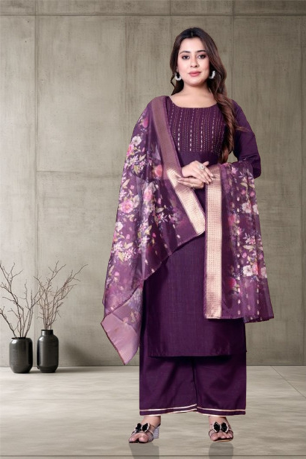 Image of CHECHI Embroidered Kurta, Palazzo & Dupatta Set