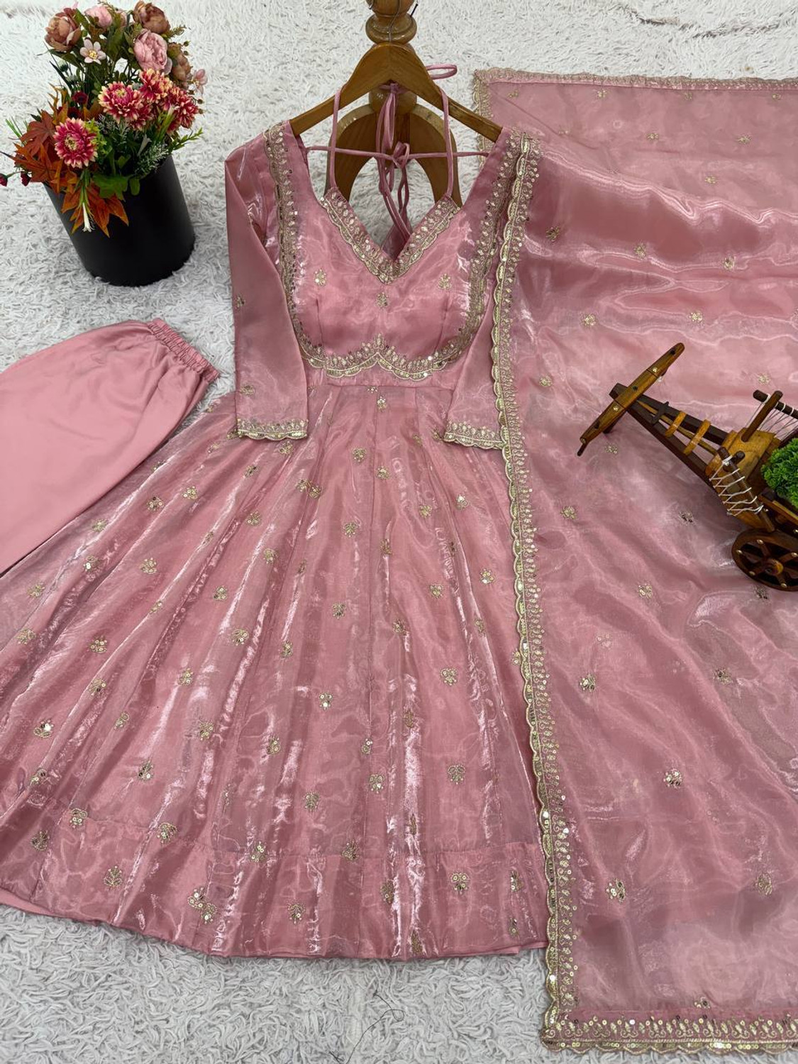 Image of tirgiza Embroidered Silk Blend Stitched Anarkali Gown (Pink)