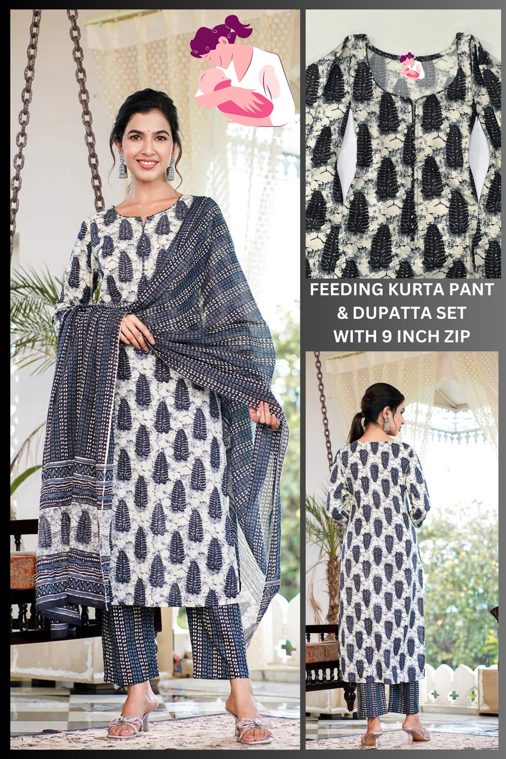 Image of sky fab Printed Anarkali Kurta, Bottom & Dupatta Set
