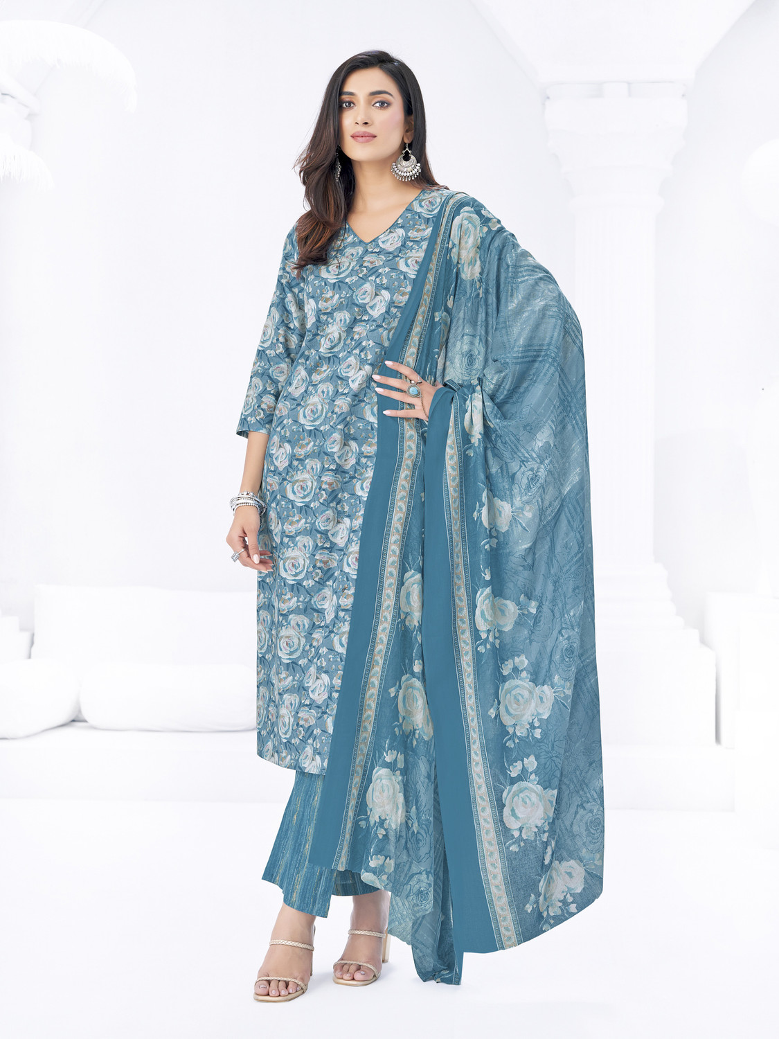 Image of SHREE JEENMATA COLLECTION SURYAJYOTI Solid Kurta, Salwar & Dupatta Set