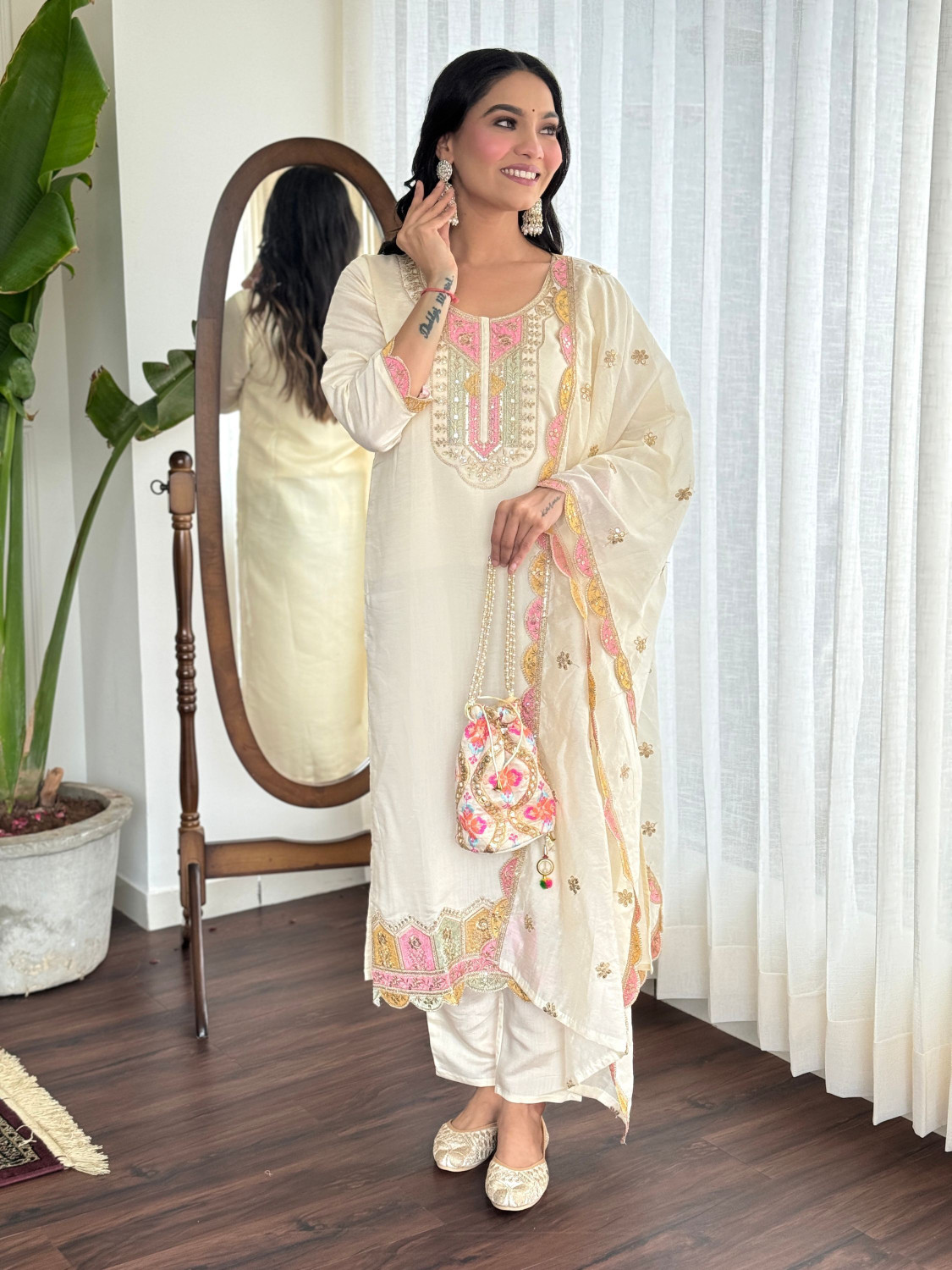 Image of SHREE JEENMATA COLLECTION SURYAJYOTI Solid Kurta, Salwar & Dupatta Set