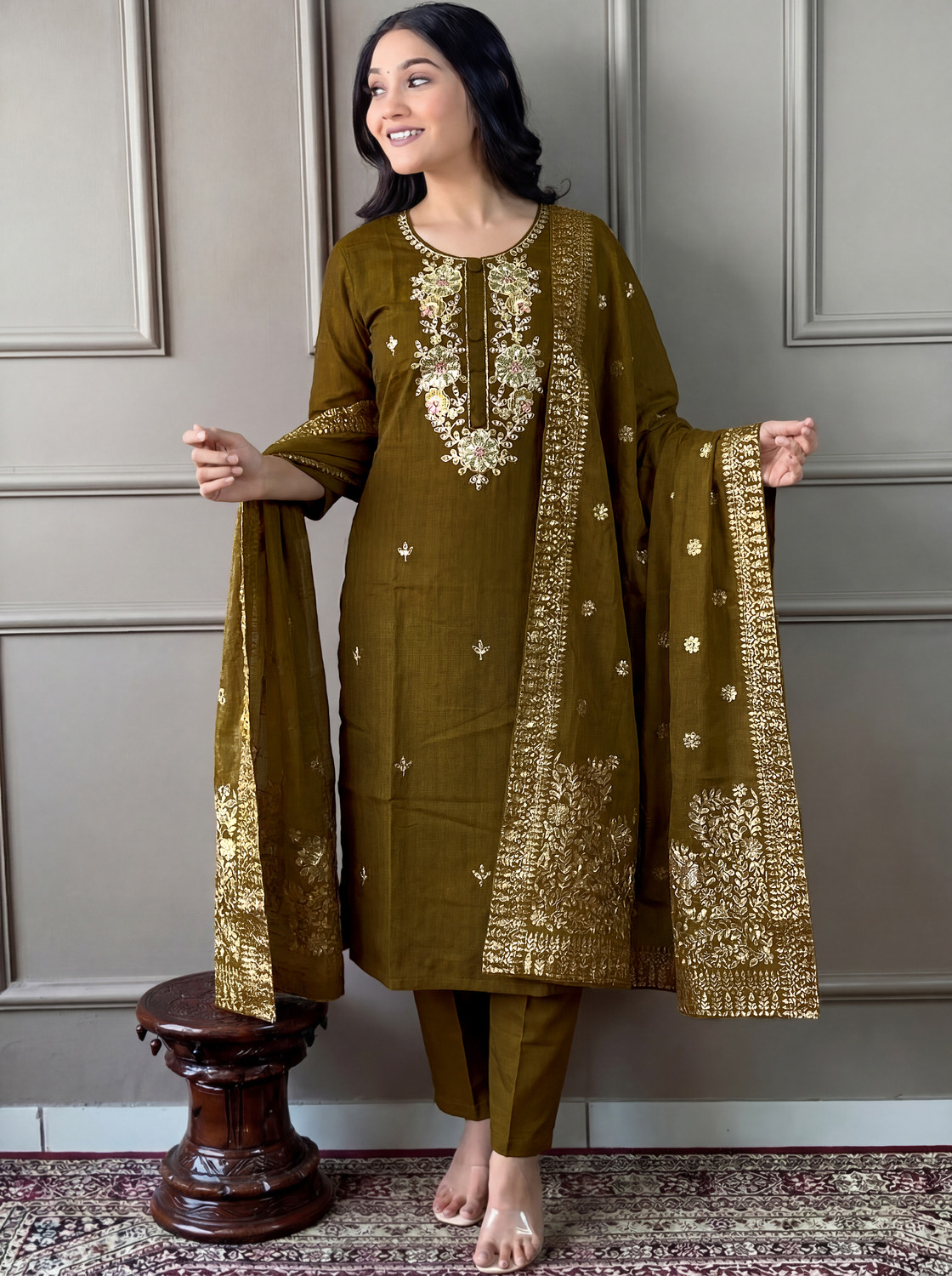 Image of CHECHI Embroidered Kurta, Palazzo & Dupatta Set