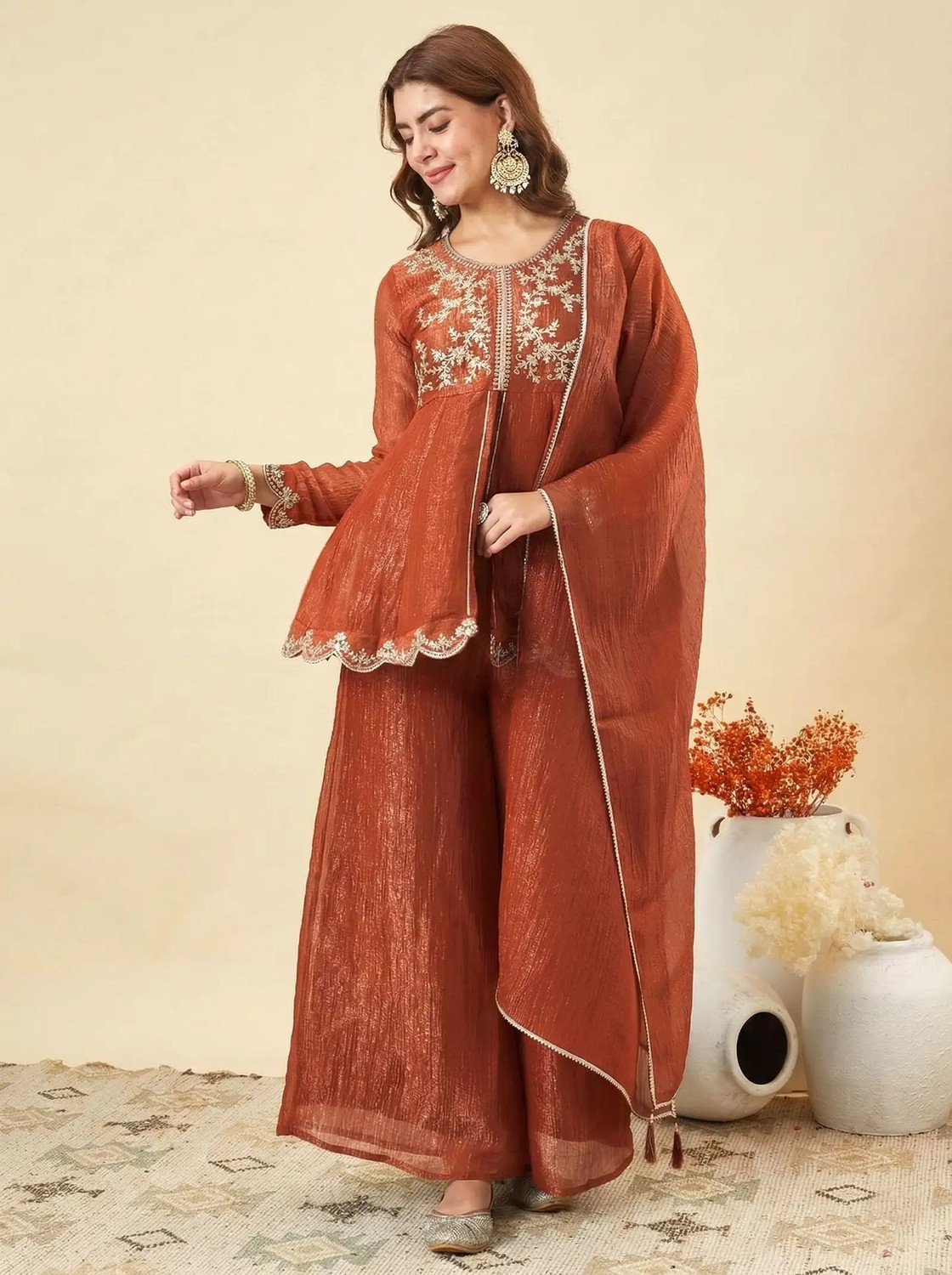 Pionex Embroidered Kurta, Palazzo & Dupatta Set
