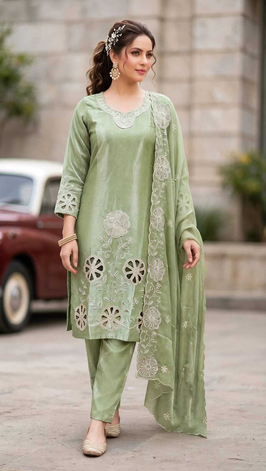 Image of CHECHI Embroidered Kurta, Palazzo & Dupatta Set