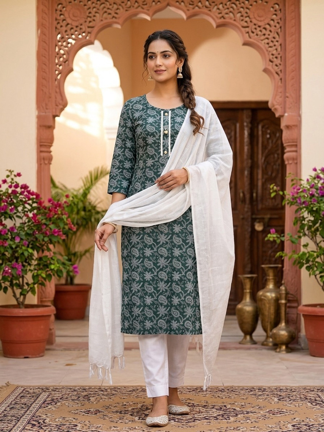 Image of CHECHI Embroidered Kurta, Palazzo & Dupatta Set