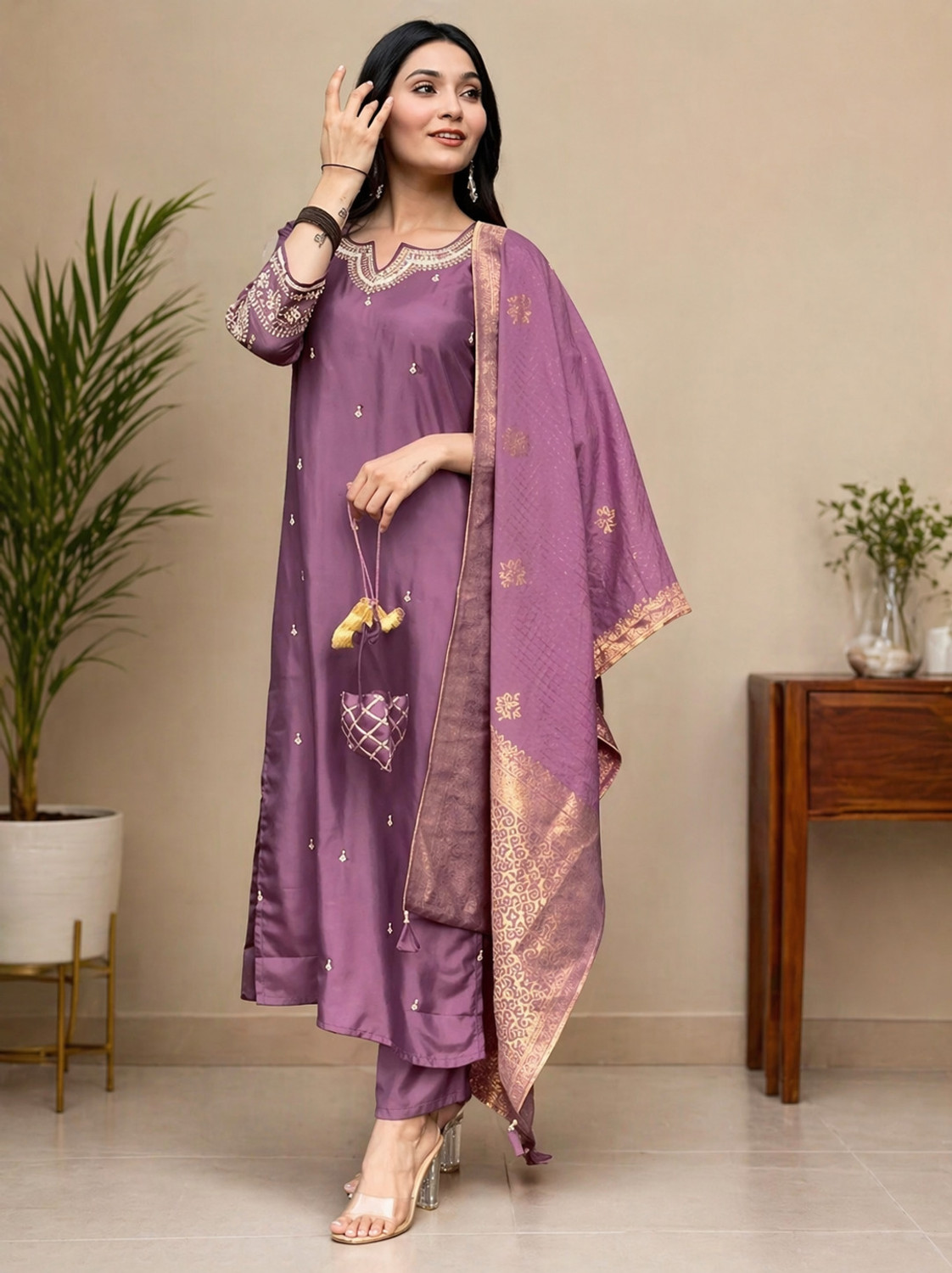 Image of SHREE JEENMATA COLLECTION SURYAJYOTI Solid Kurta, Salwar & Dupatta Set