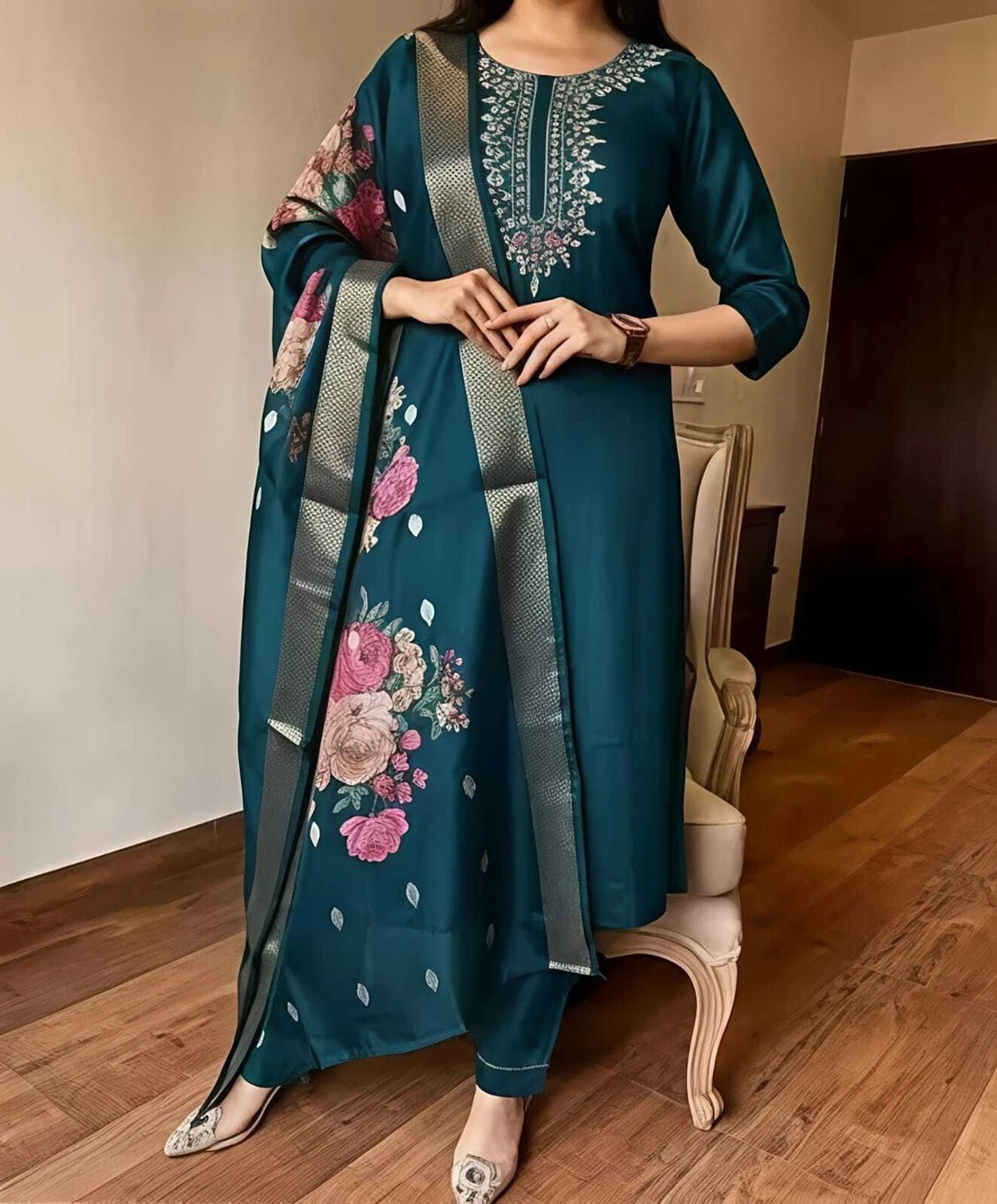 Image of JDENTERPRISS Embroidered Kurta, Churidar & Dupatta Set