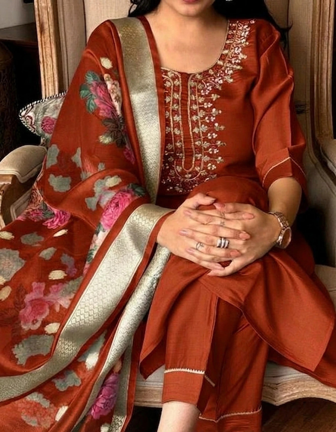 Image of JDENTERPRISS Embroidered Kurta, Churidar & Dupatta Set