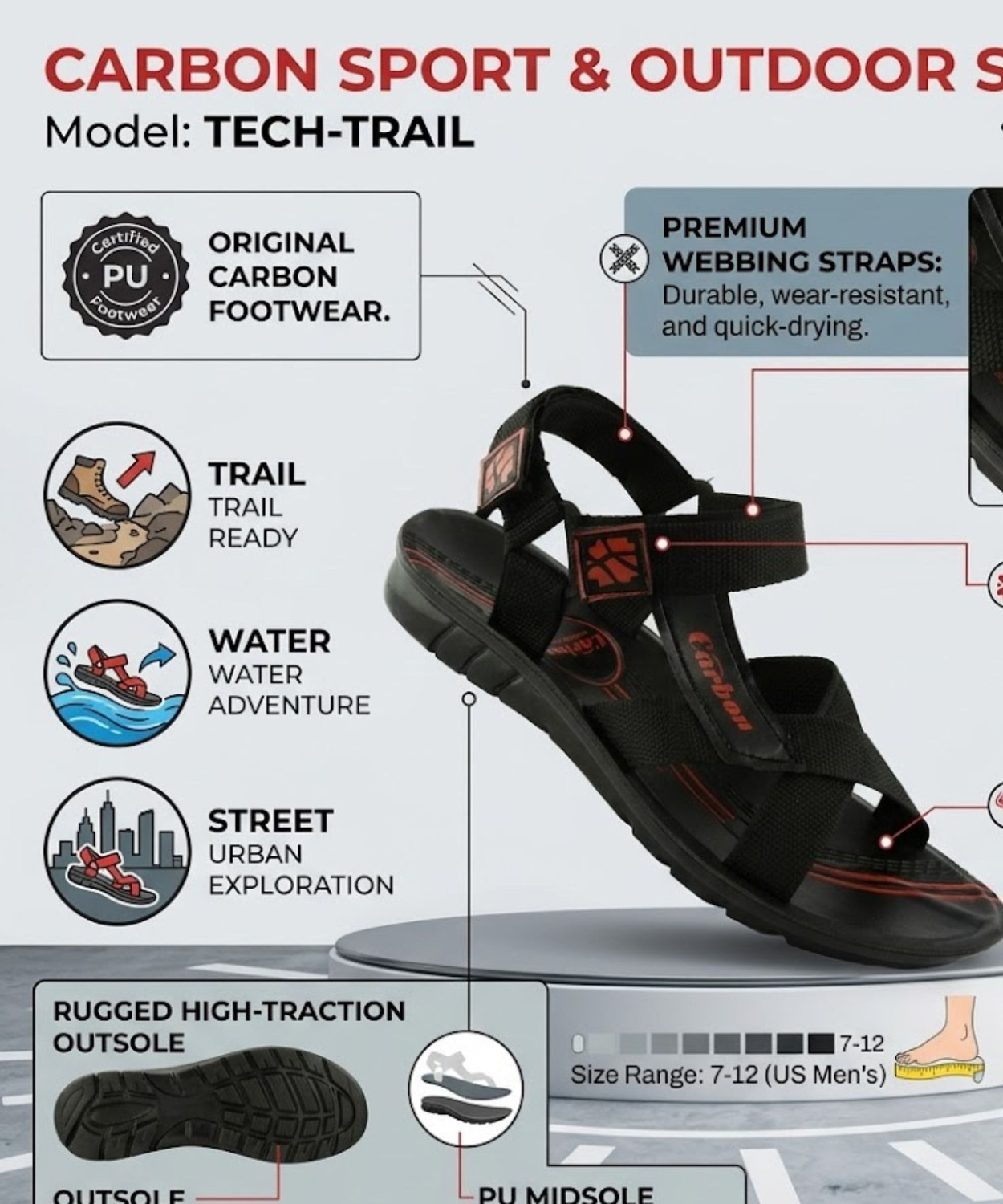 Image of Carbon Men Flats Sandal (Black, Red , 8)
