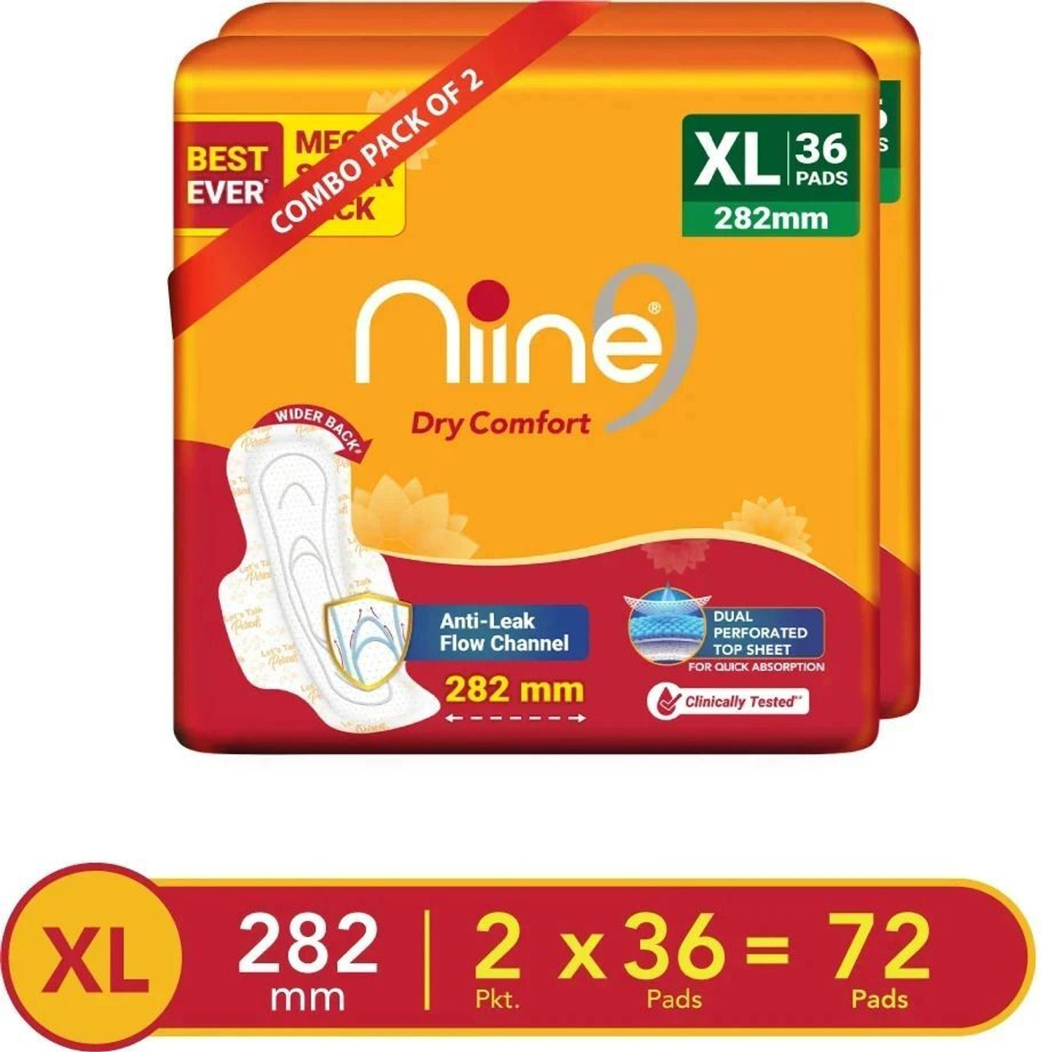 Niine Dry Comfort Long Sanitary Pads – Anti‑Leak (2 pcs)