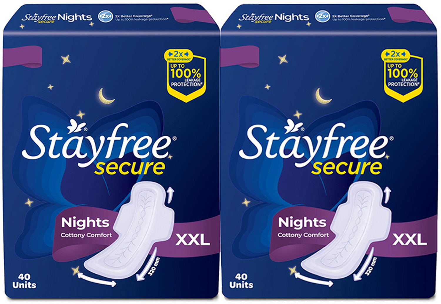 STAYFREE Secure Nights Cottony Comfort XXL 40| Upto 100% leakage prote