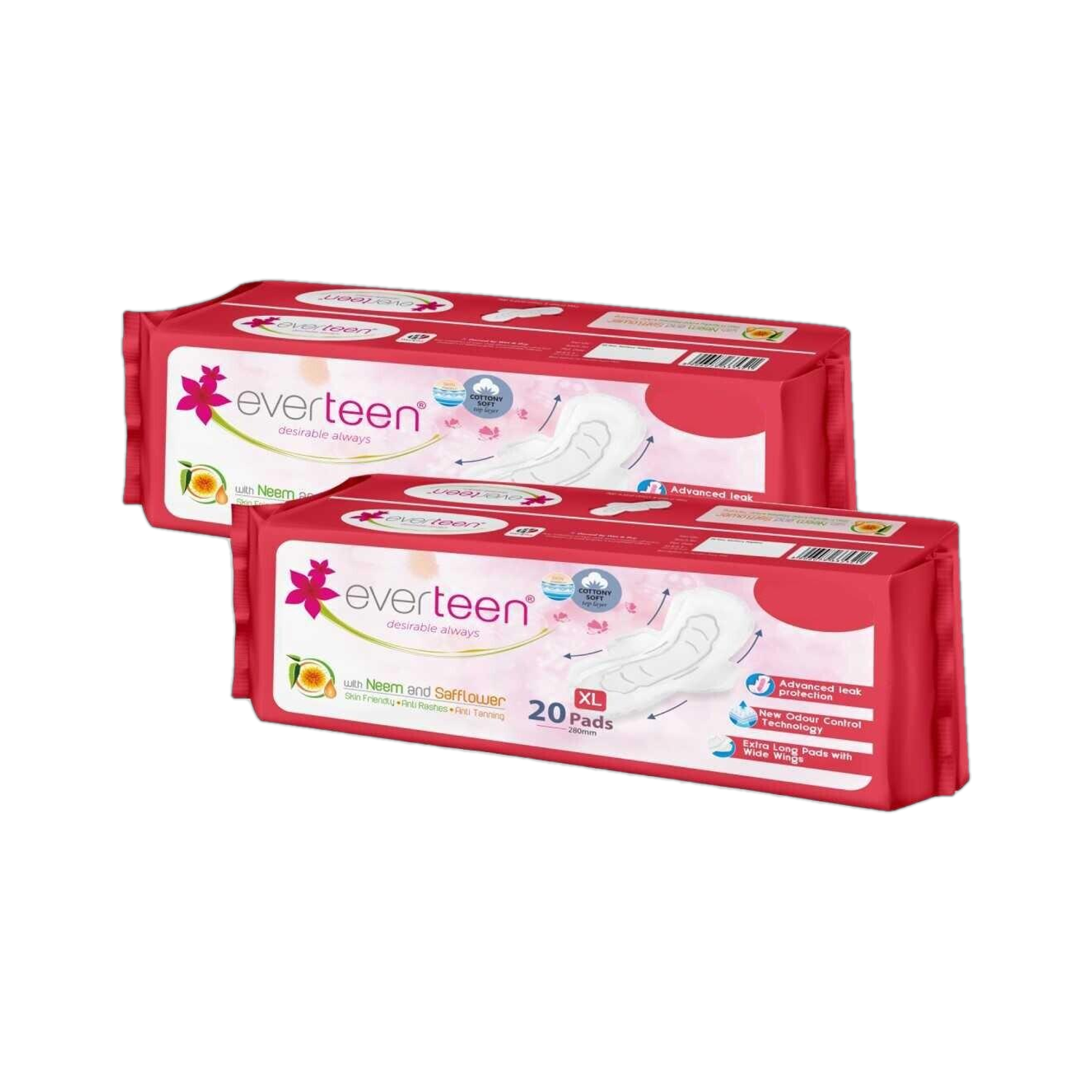 everteen XL Cottony-Soft Sanitary Pads (Neem, Safflower) 40pcs Sanitary Pad  (Pack of 2)