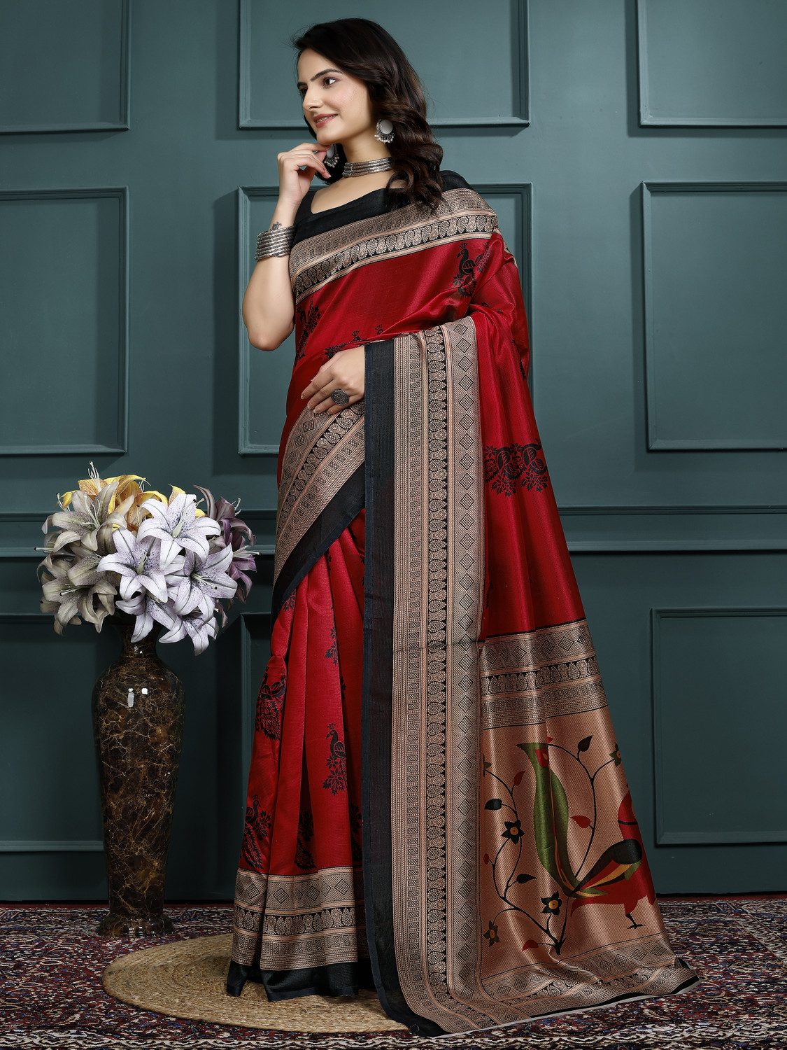 Image of RichEraa Digital Print Banarasi Cotton Silk Saree (Red)
