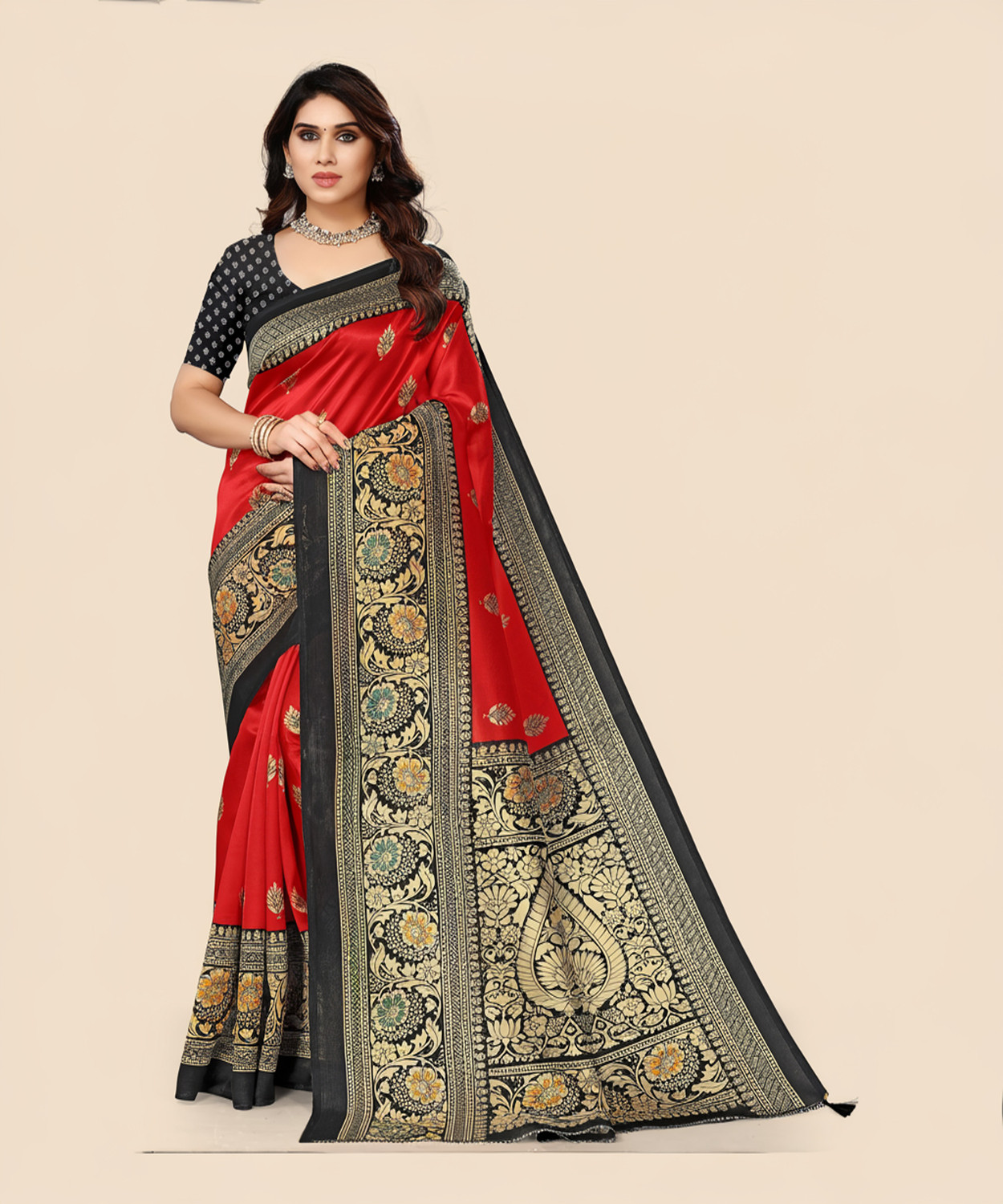 Image of RichEraa Digital Print Banarasi Cotton Silk Saree (Red)