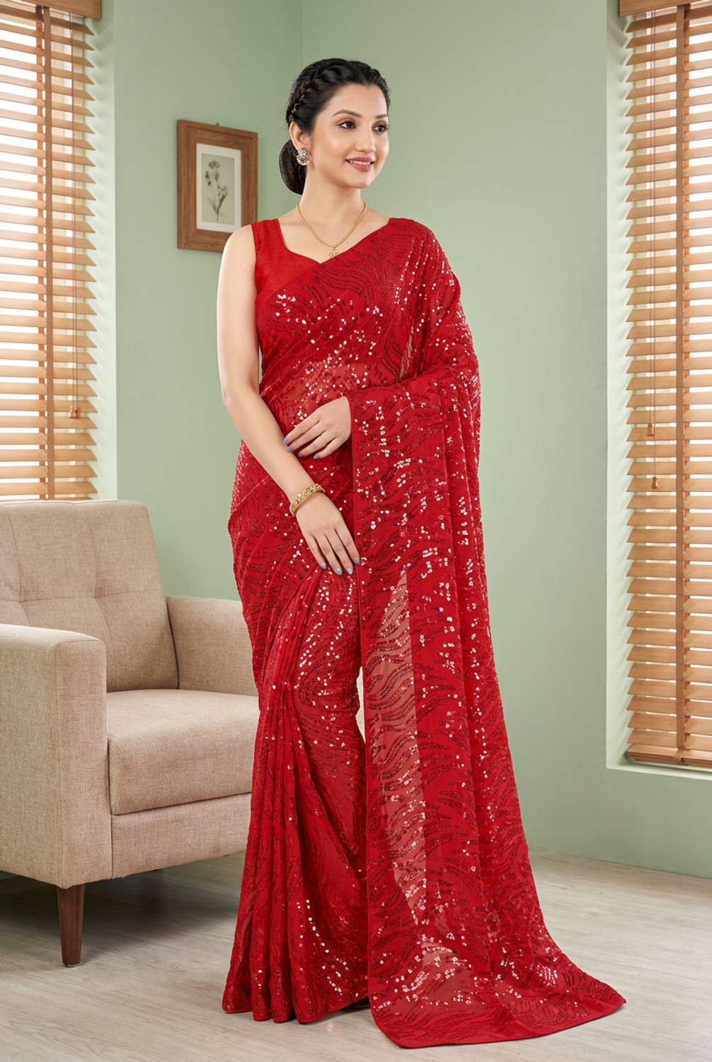 Image of b bella creation Printed Daily Wear Organza Saree (Yellow)