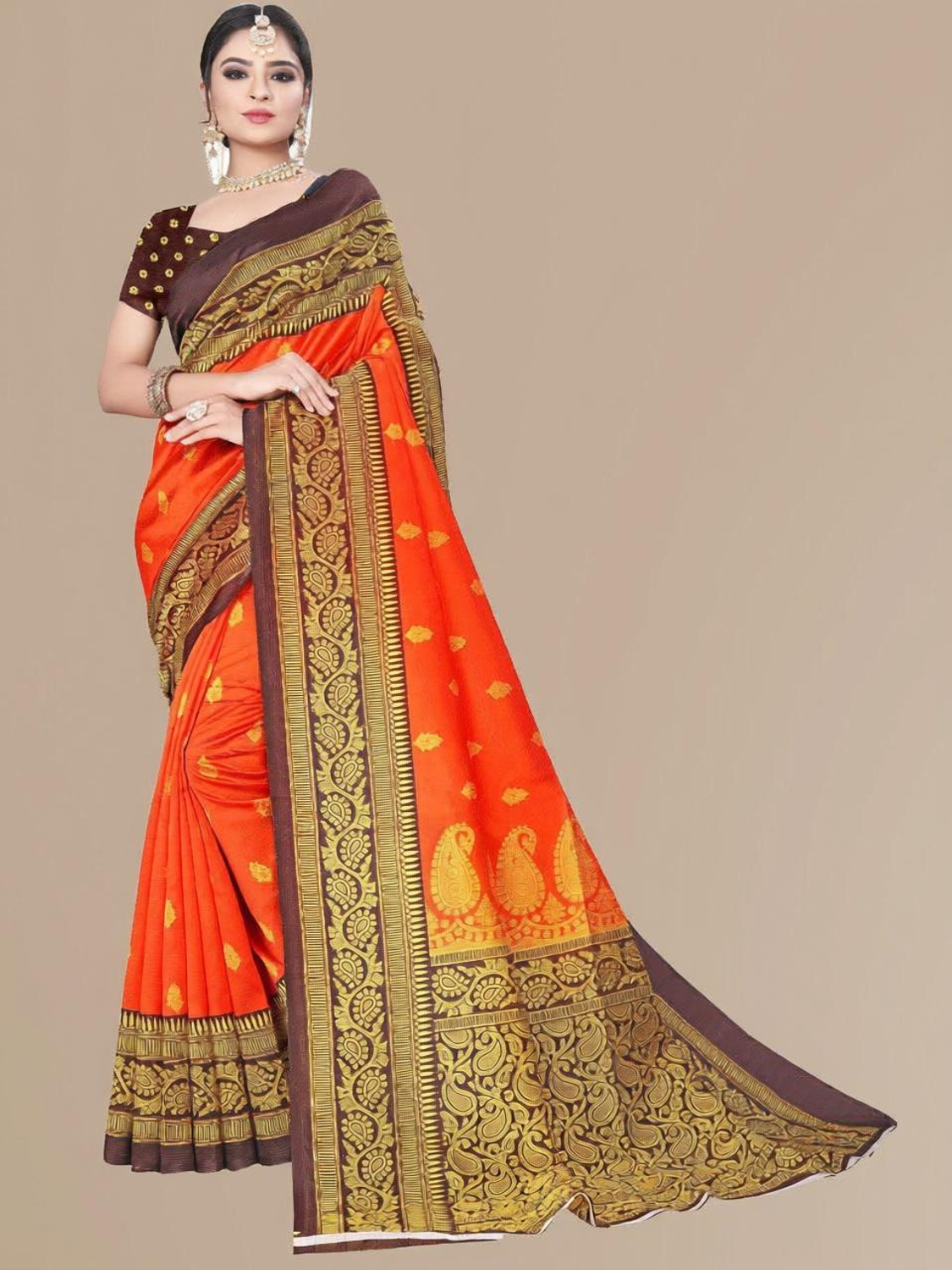 Image of RichEraa Digital Print Banarasi Cotton Silk Saree (Red)